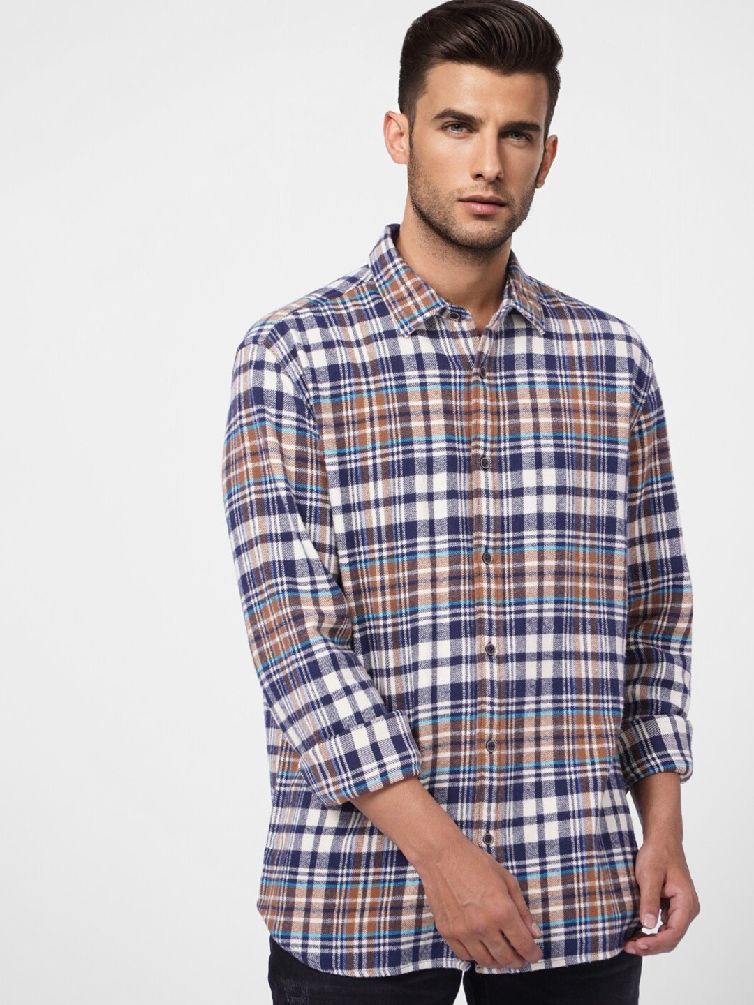 

Jack & Jones Men Off White Tartan Checked Cotton Casual Shirt