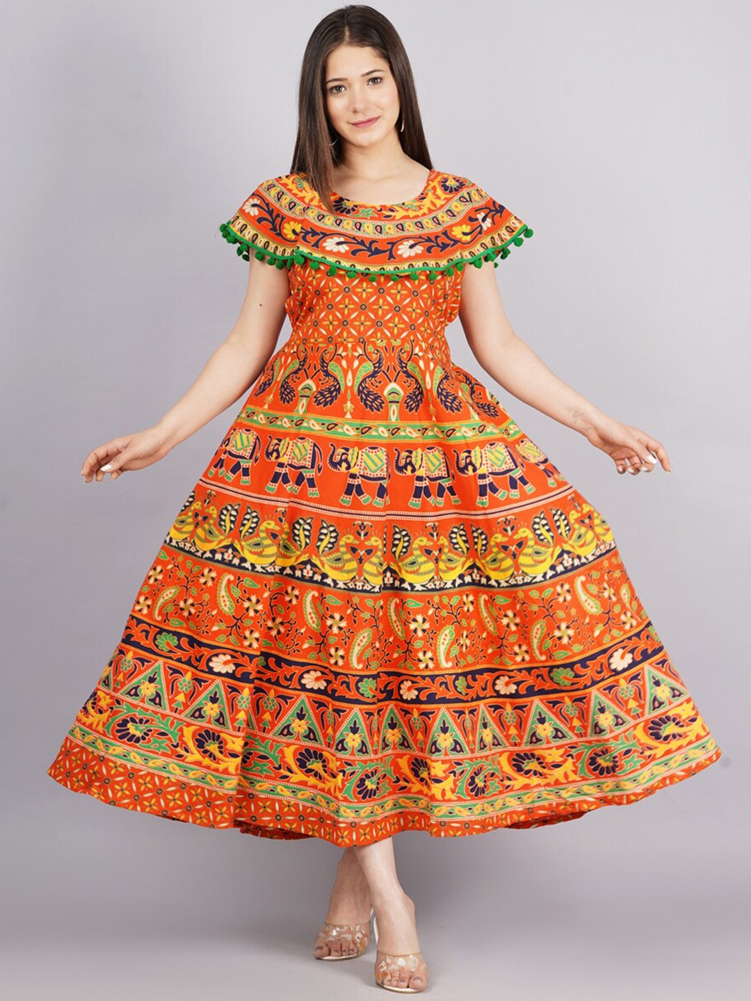 

ROOPWATI FASHION Women Orange Colored Printed Maxi-Length Cotton Frock Ethnic Dresses
