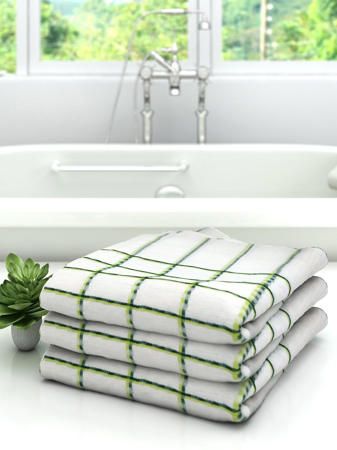 

Athom Trendz Set Of 3 Green & White Striped 210 GSM Pure Cotton Bath Towels