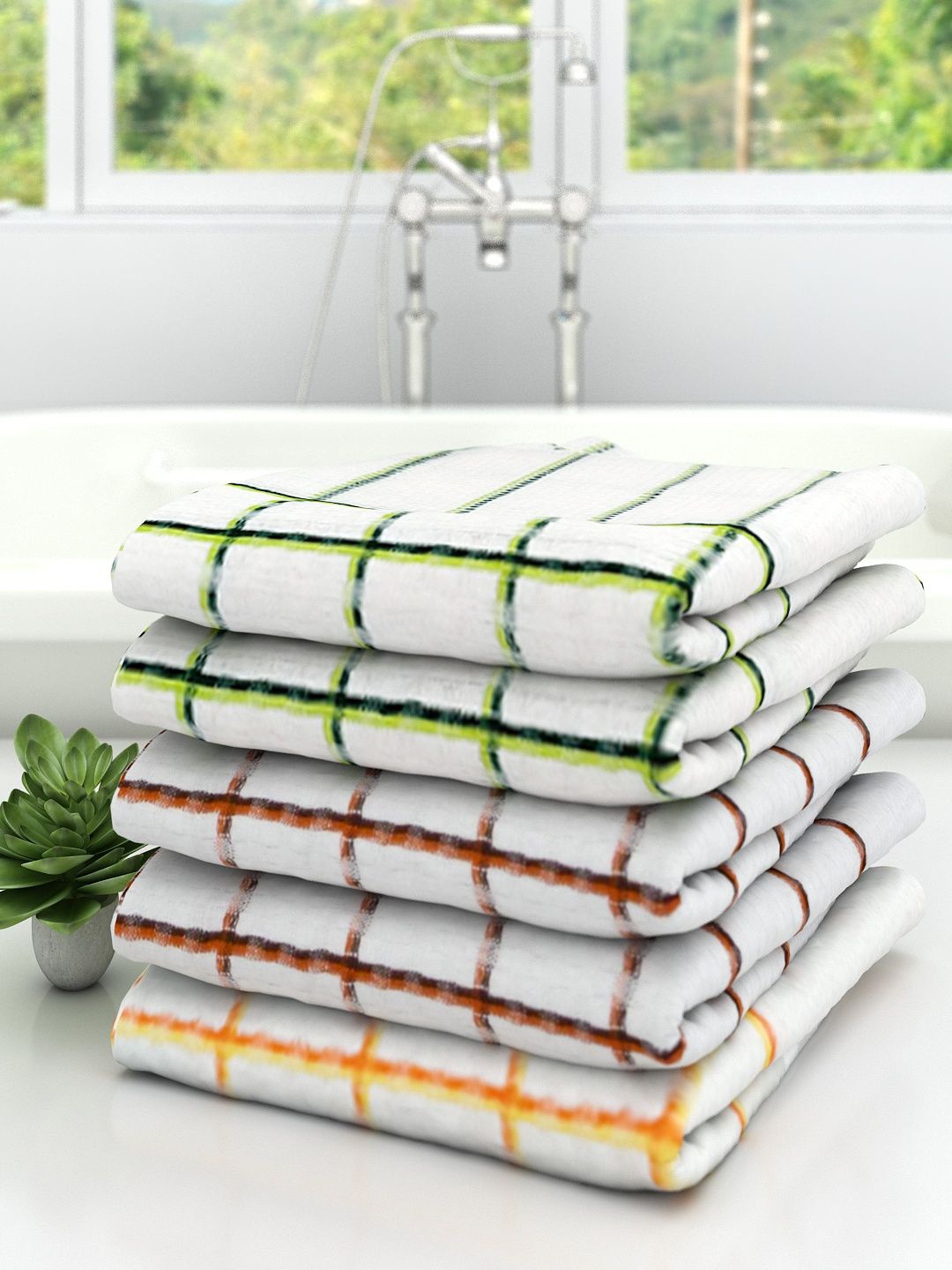 

Athom Trendz Set Of 5 Checked Pure Cotton 210 GSM Bath Towel, White