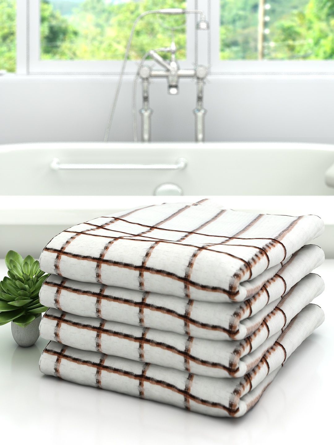 

Athom Trendz Set Of 4 White & Brown Striped 210 GSM Pure Cotton Bath Towels