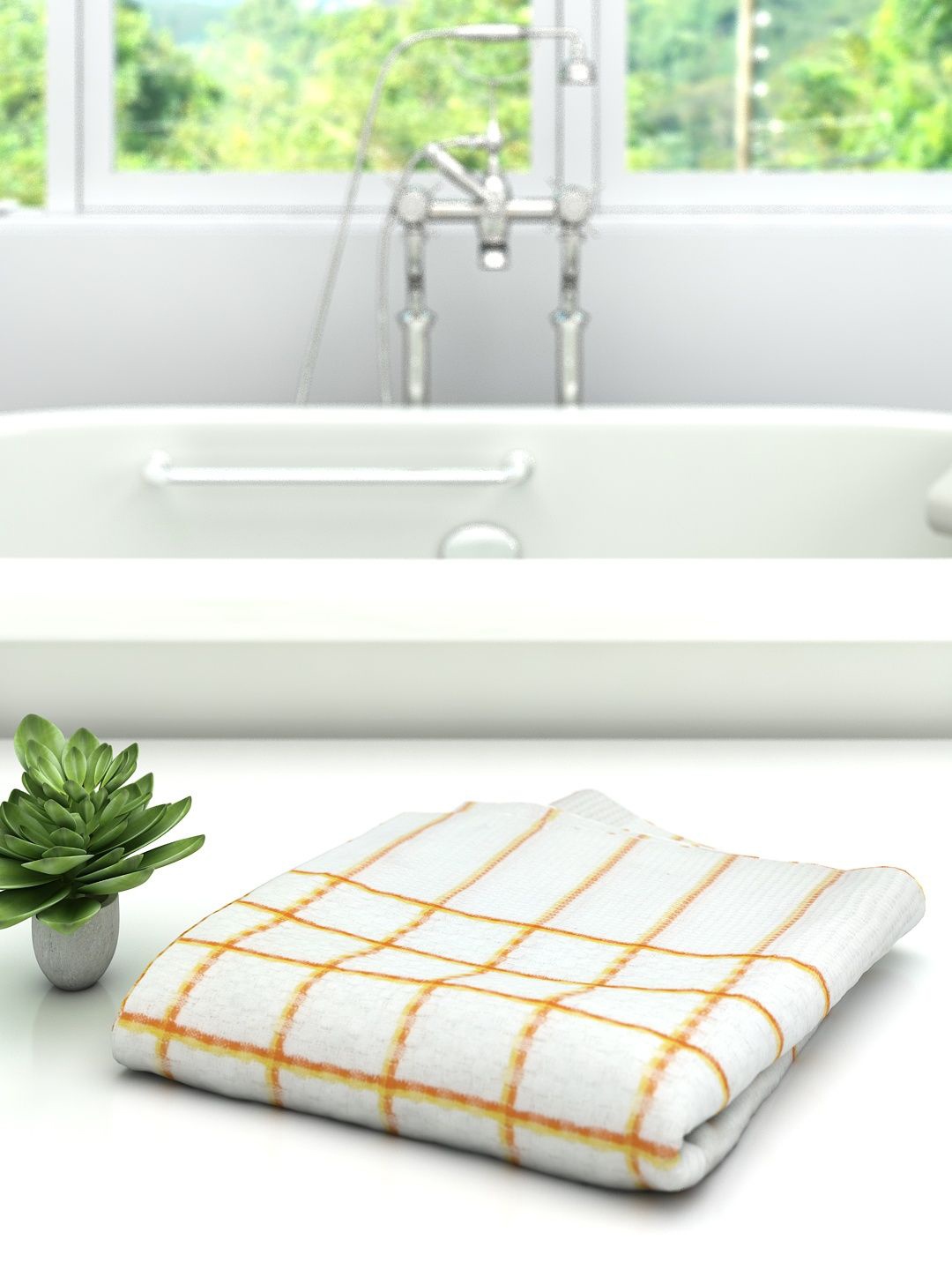 

Athom Trendz White & Orange Striped GSM 210 Pure Cotton Bath Towel