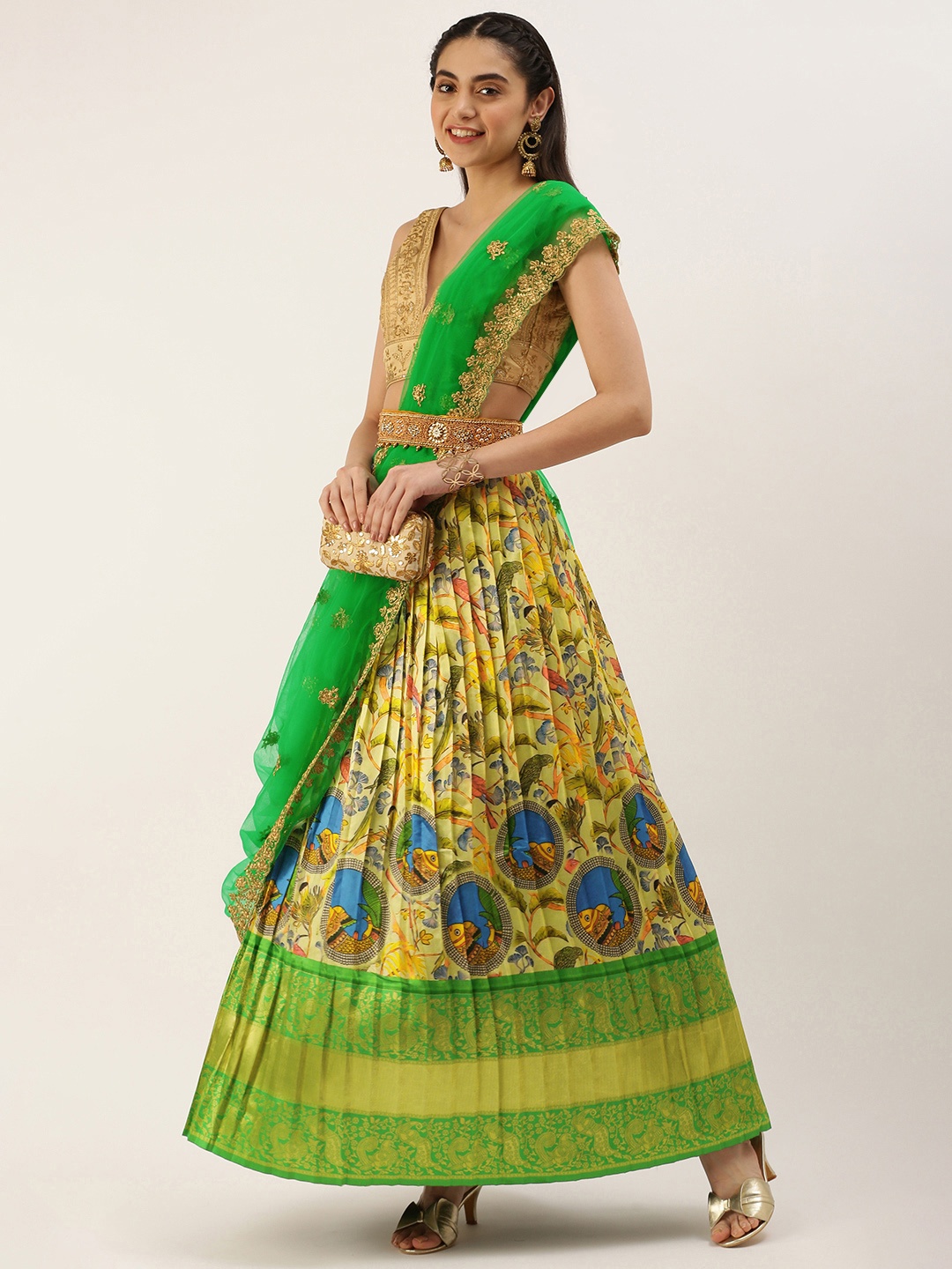 

Kanakadara Beige & Green Embroidered Unstitched Lehenga Choli With Dupatta