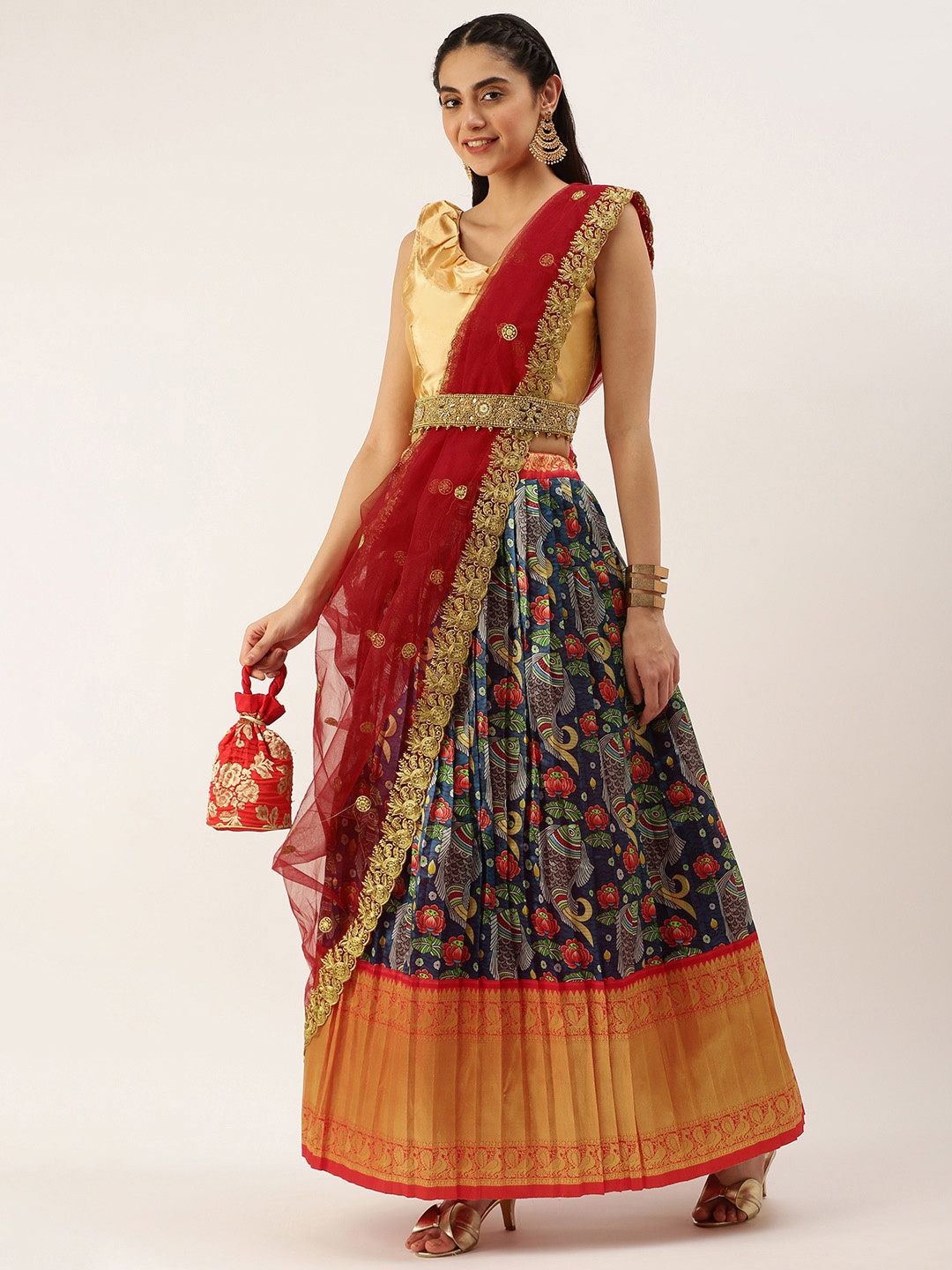 

Kanakadara Blue & Red Embroidered Unstitched Lehenga Choli With Dupatta