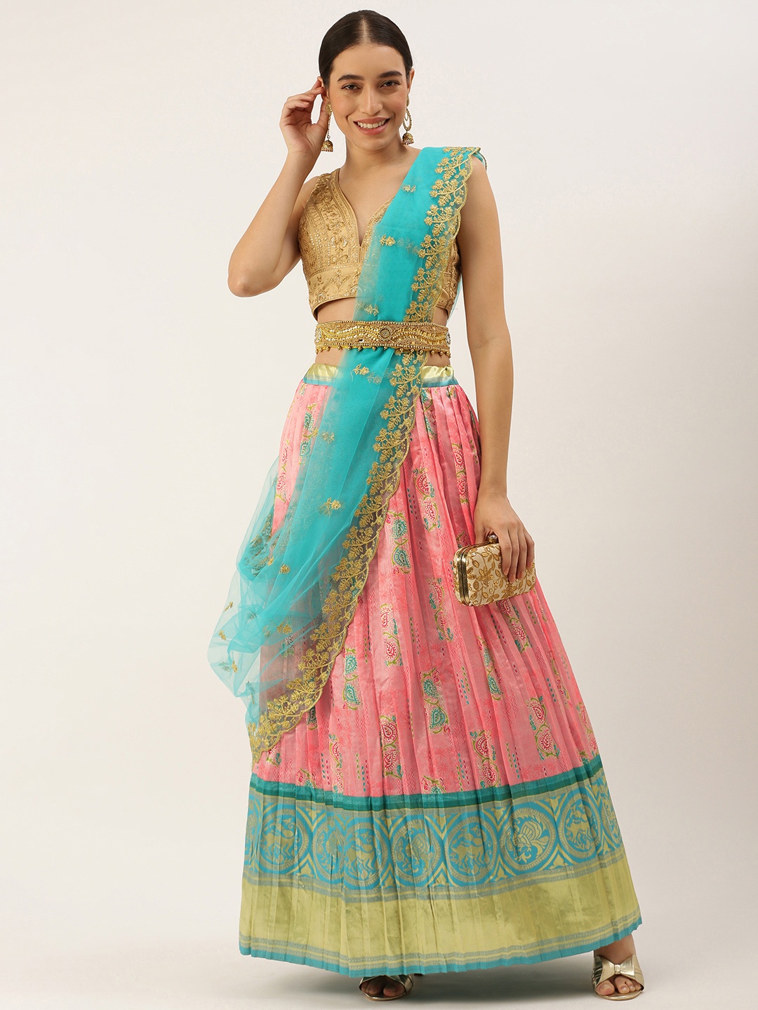 

Kanakadara Pink & Blue Embroidered Unstitched Lehenga Choli With Dupatta