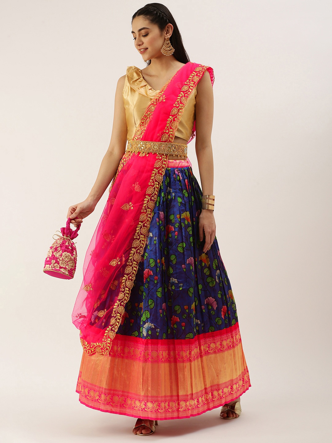 

Kanakadara Blue & Pink Embroidered Unstitched Lehenga Choli With Dupatta