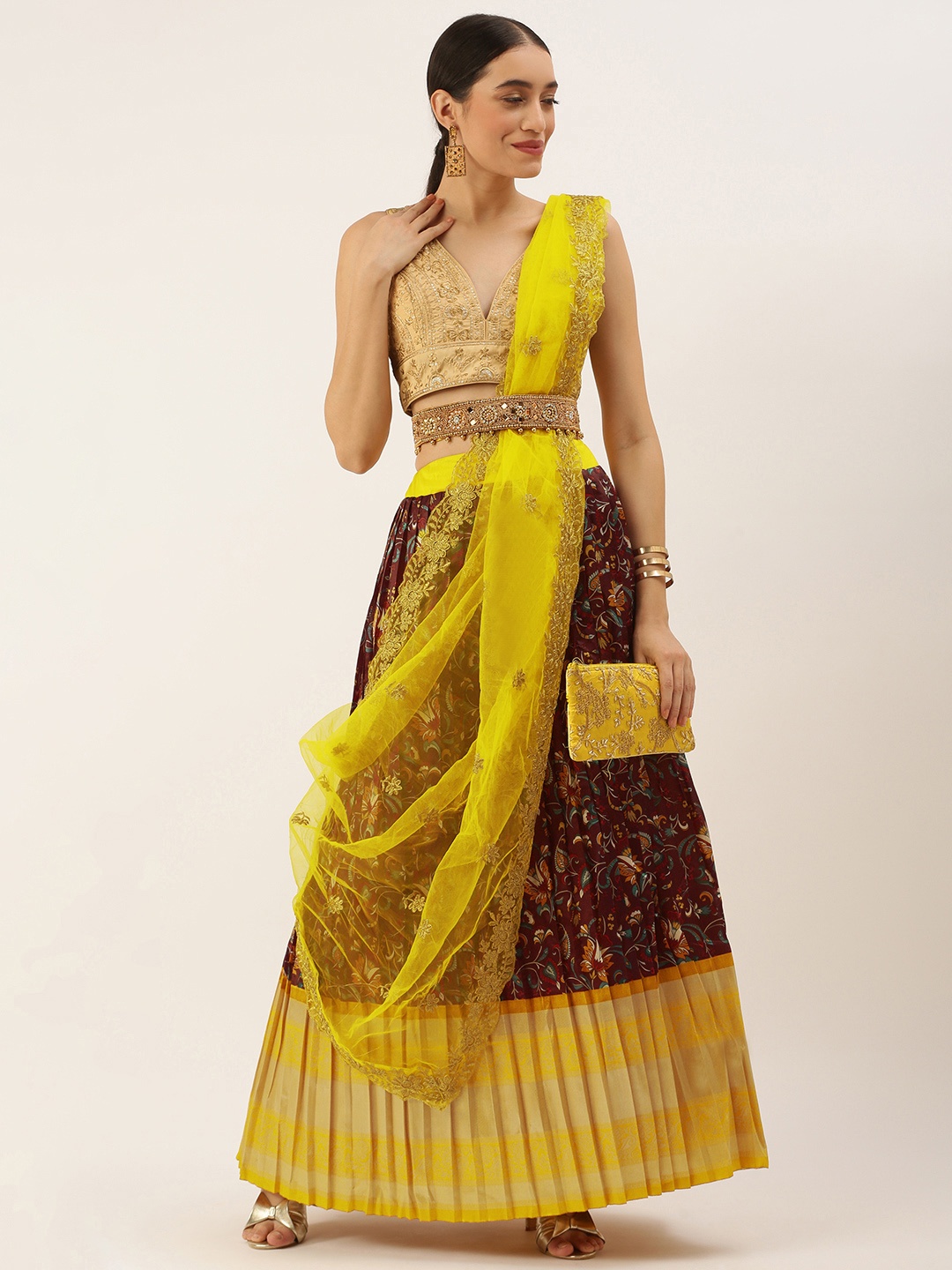 

Kanakadara Coffee Brown & Yellow Embroidered Unstitched Lehenga Choli With Dupatta