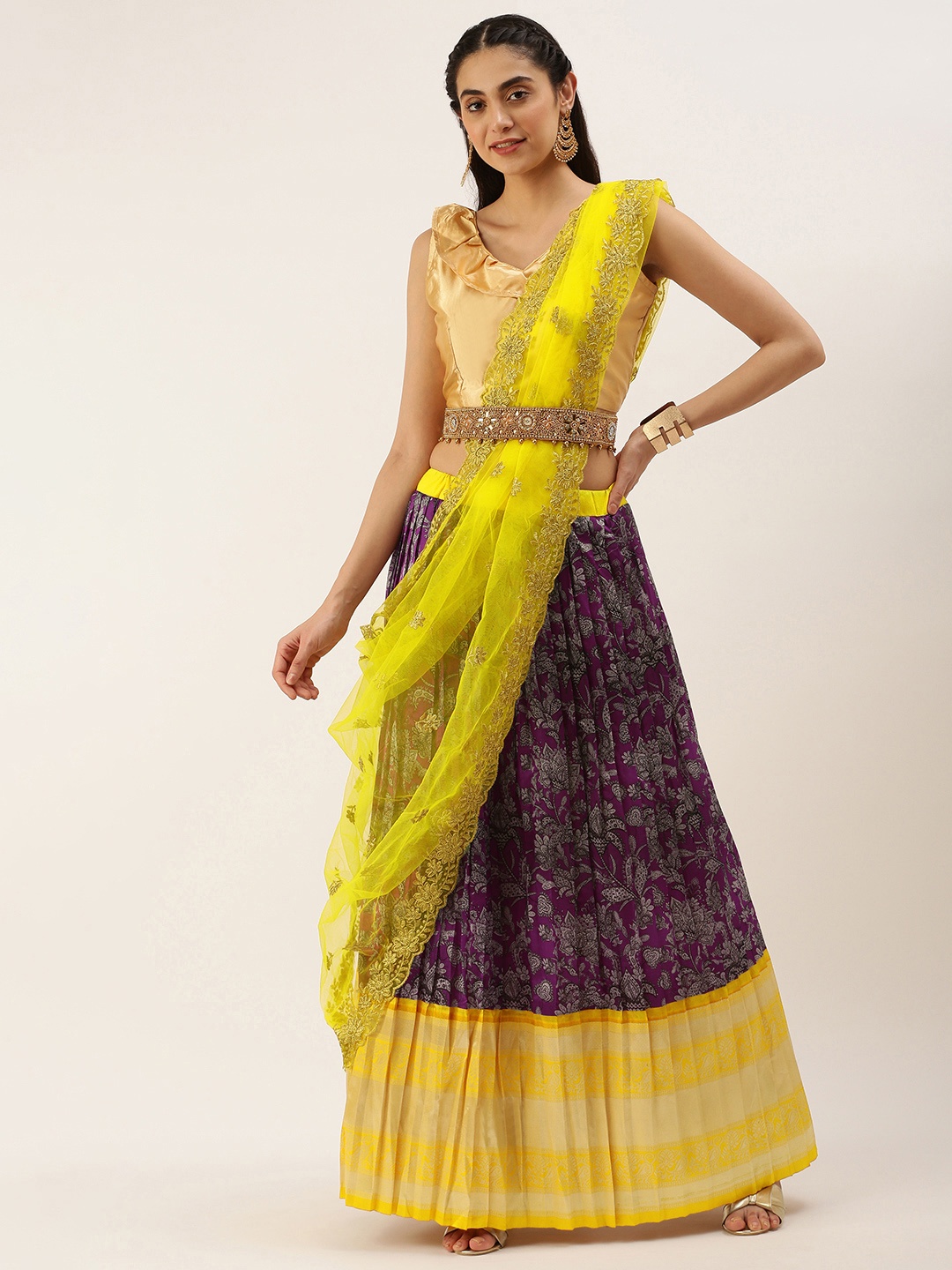 

Kanakadara Purple & Yellow Embroidered Unstitched Lehenga Choli With Dupatta
