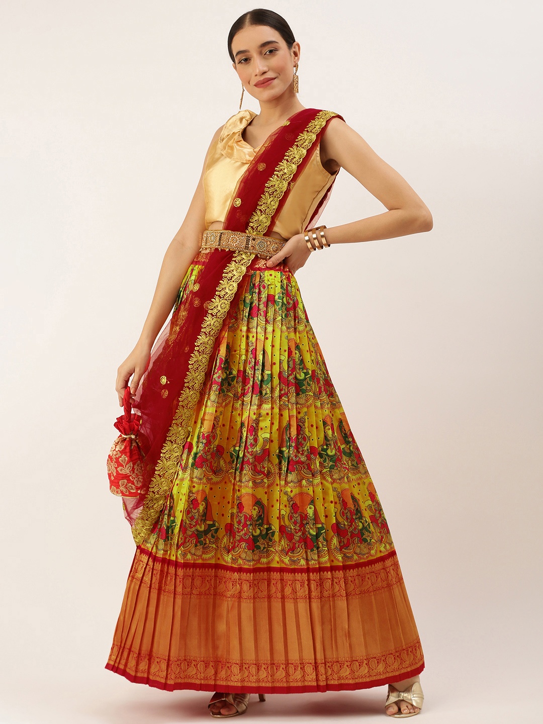

Kanakadara Yellow & Red Embroidered Sequinned Lehenga Choli With Dupatta