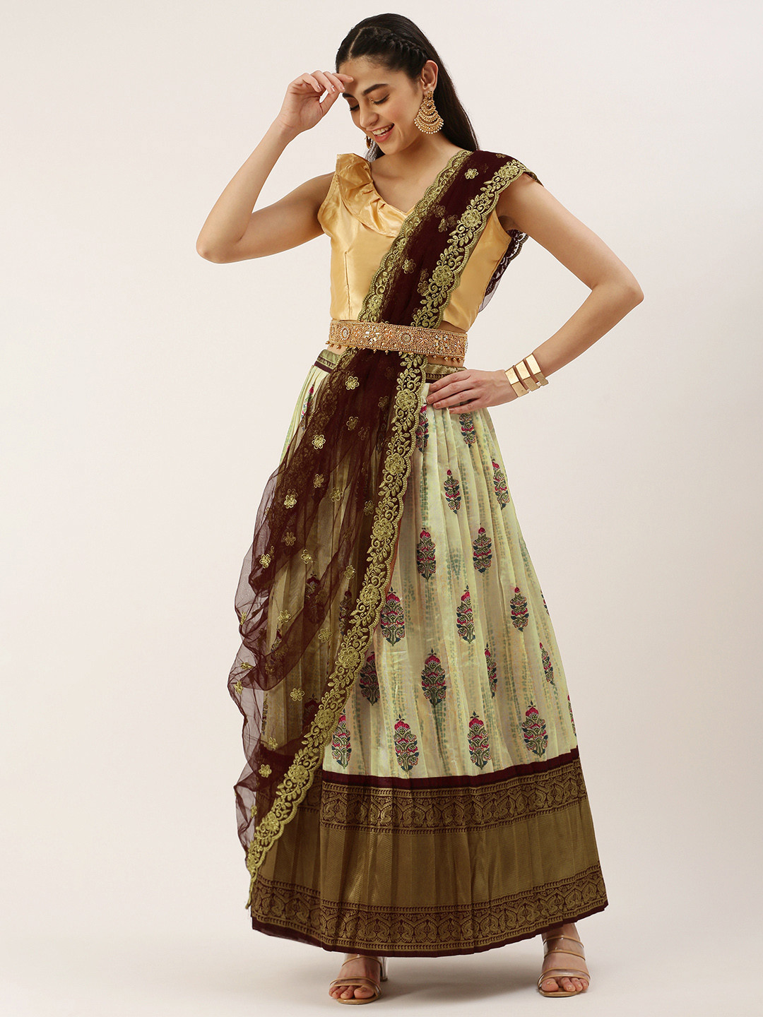 

Kanakadara Beige & Brown Embroidered Unstitched Lehenga & Blouse With Dupatta