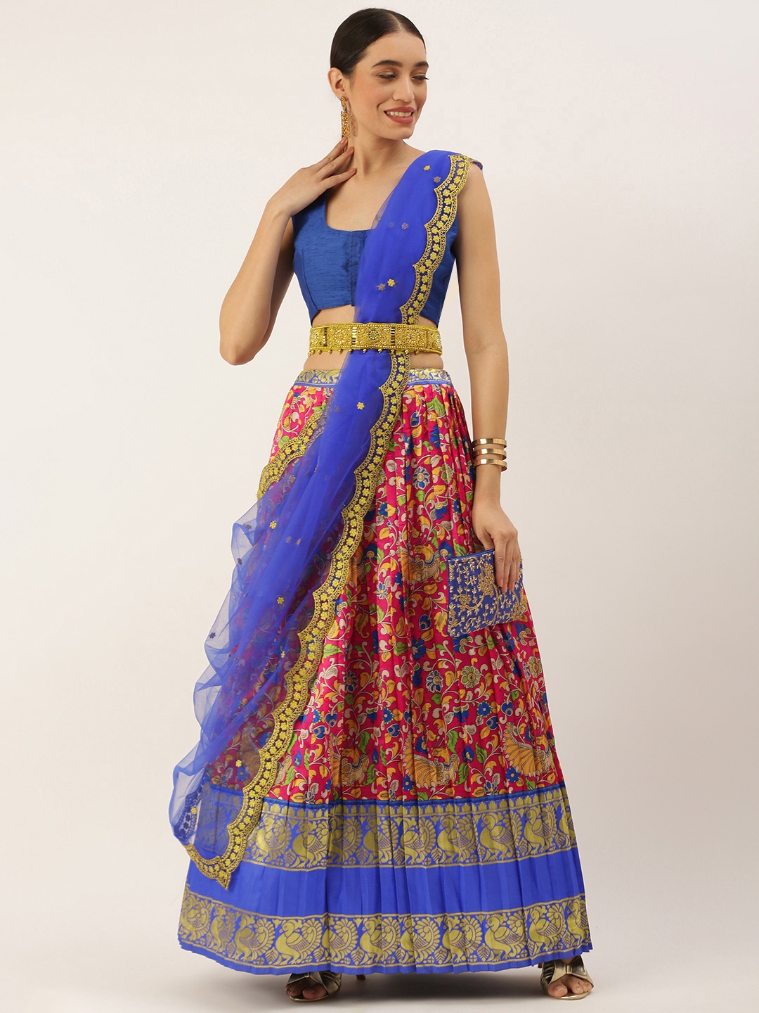 

Kanakadara Pink & Blue Embroidered Unstitched Lehenga Choli With Dupatta