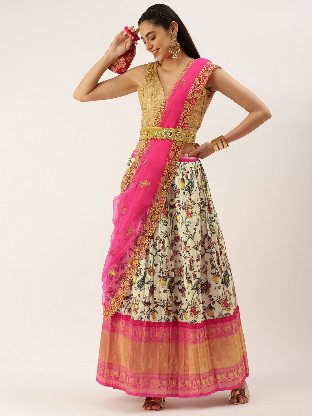 

Kanakadara Off White & Pink Embroidered Unstitched Lehenga Choli With Dupatta