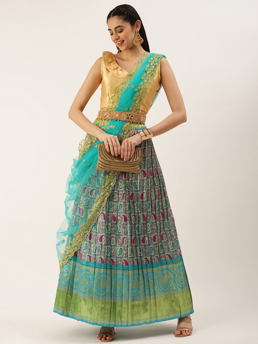 

Kanakadara Grey & Blue Embroidered Unstitched Lehenga Choli With Dupatta