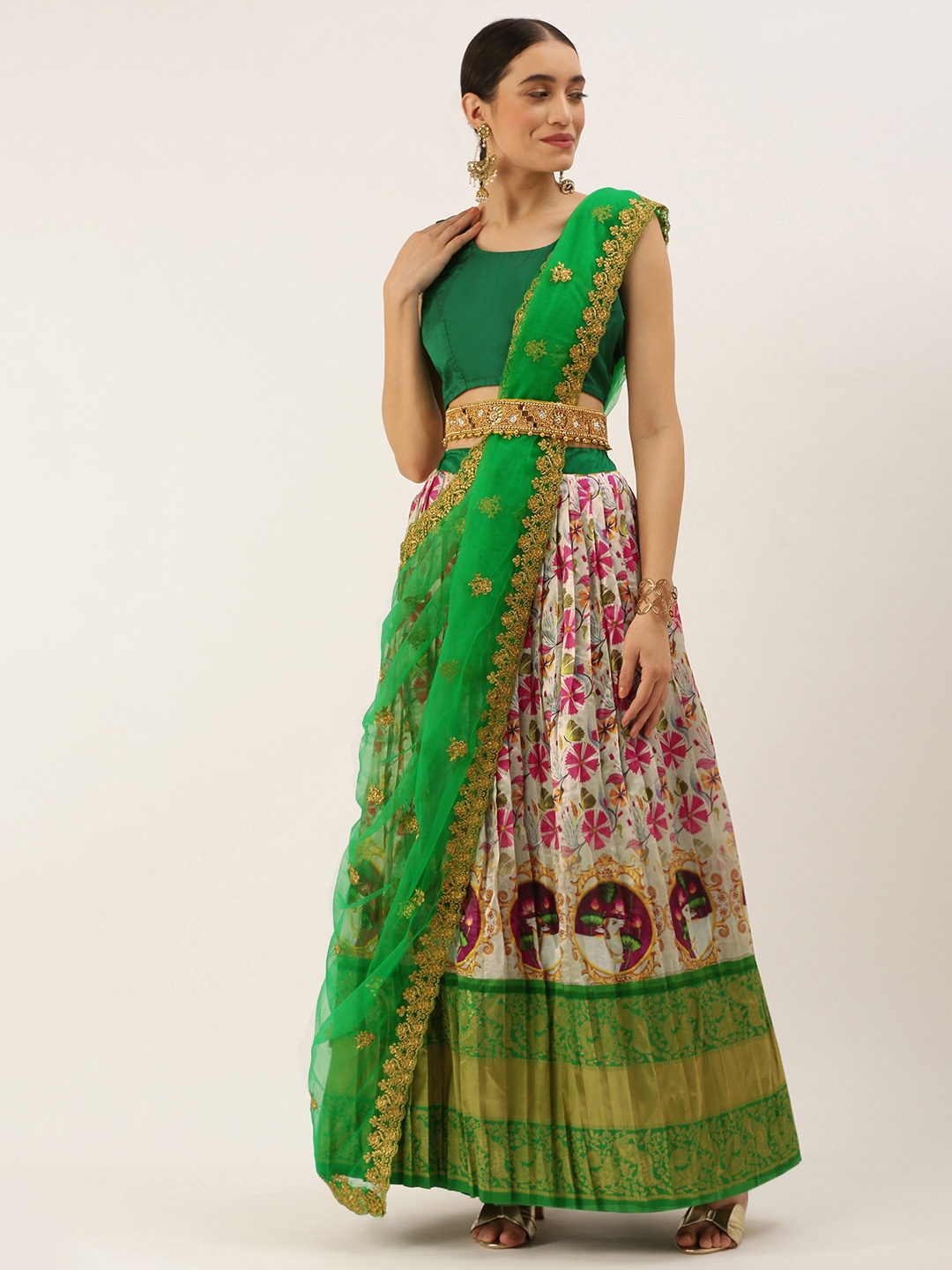 

Kanakadara White & Green Embroidered Unstitched Lehenga & Blouse With Dupatta