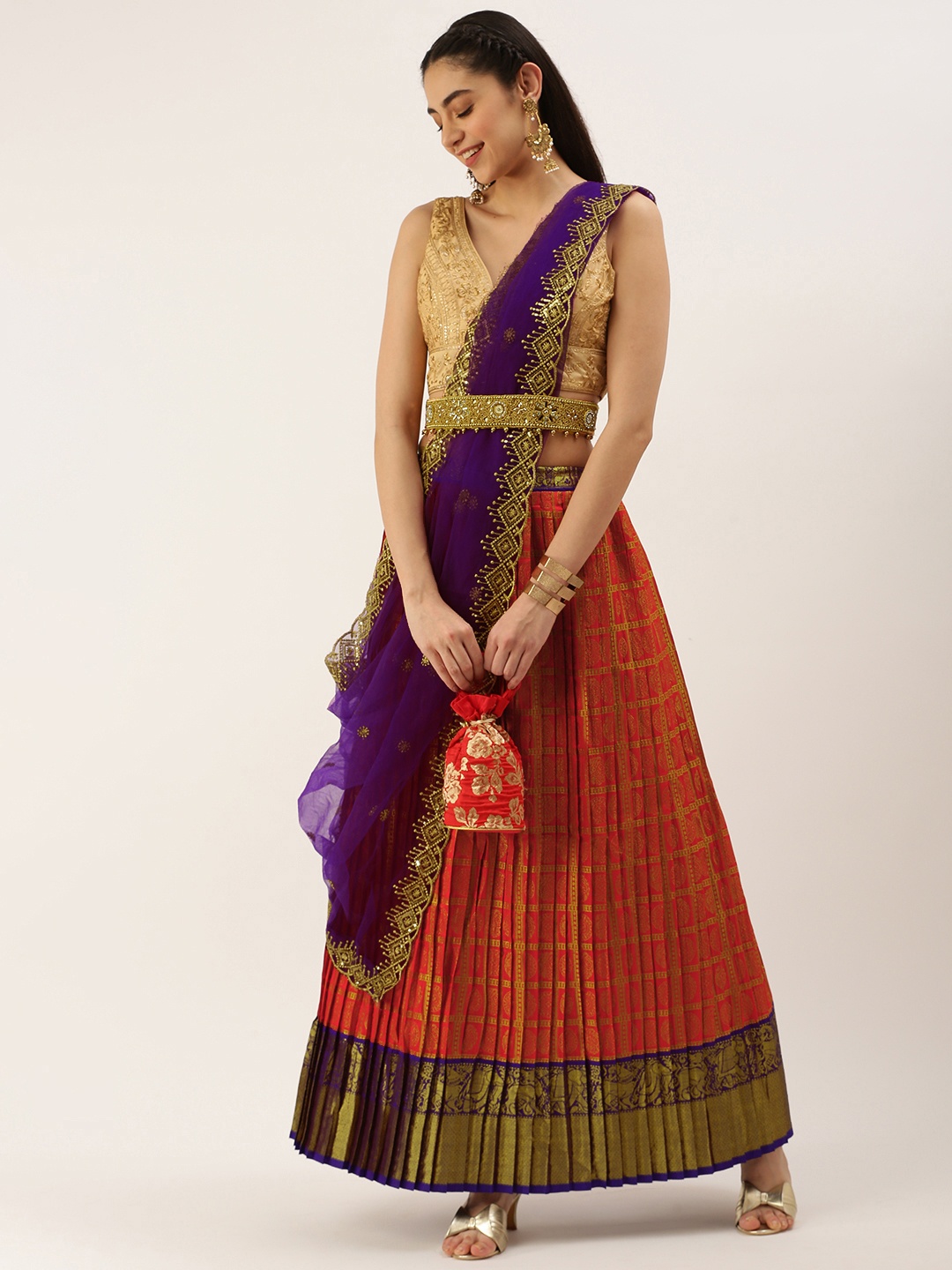 

Kanakadara Red & Violet Embroidered Unstitched Lehenga & Blouse With Dupatta