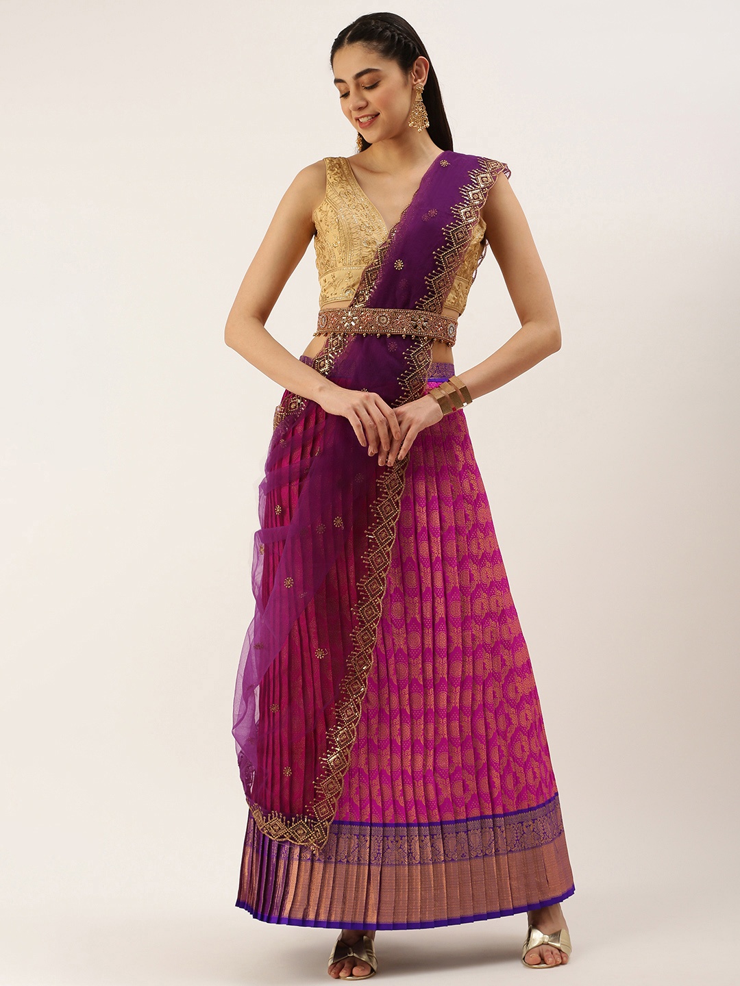 

Kanakadara Purple & Pink Embroidered Unstitched Lehenga & Blouse With Dupatta
