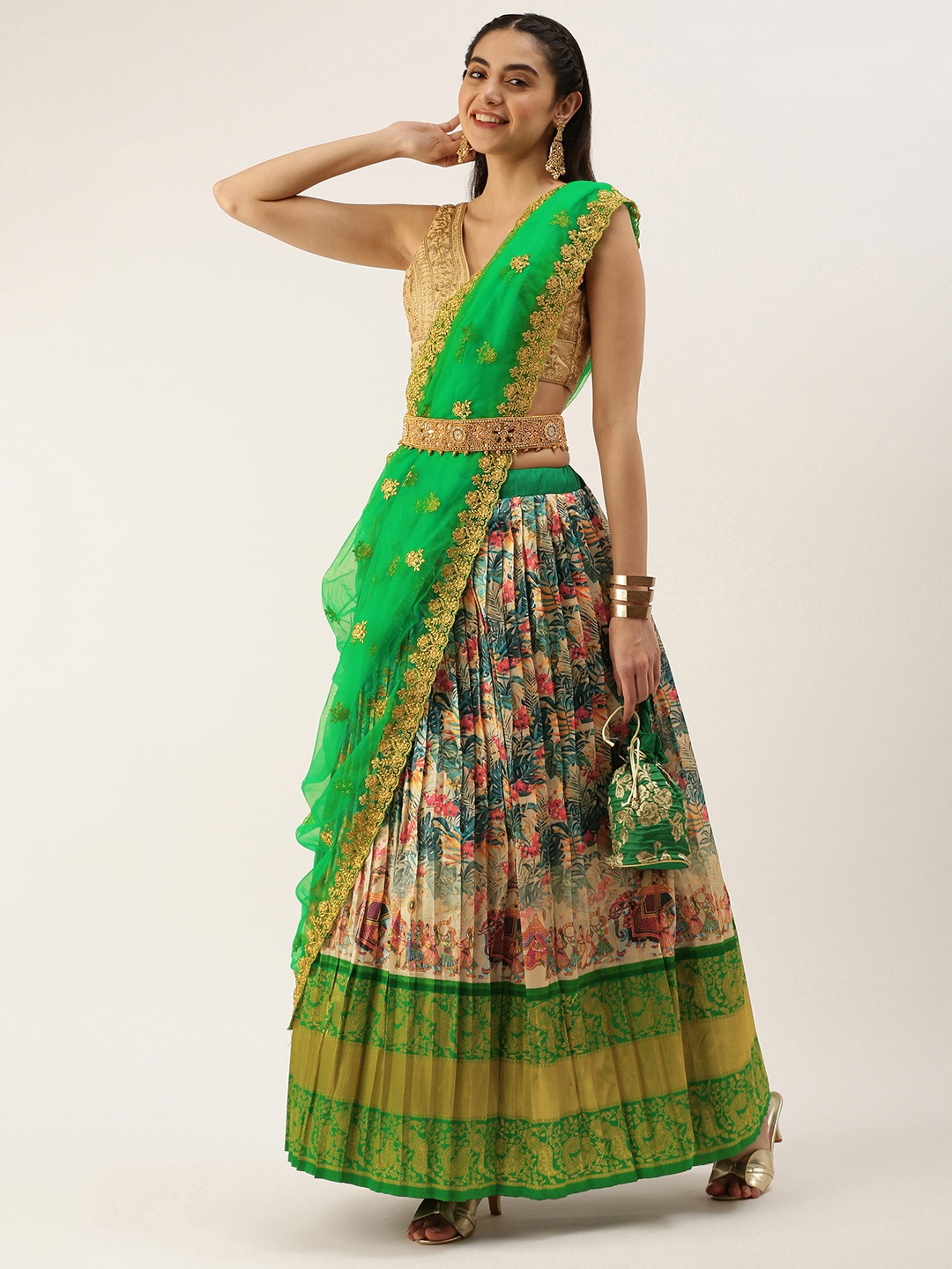 

Kanakadara Off White & Green Embroidered Unstitched Lehenga Choli With Dupatta