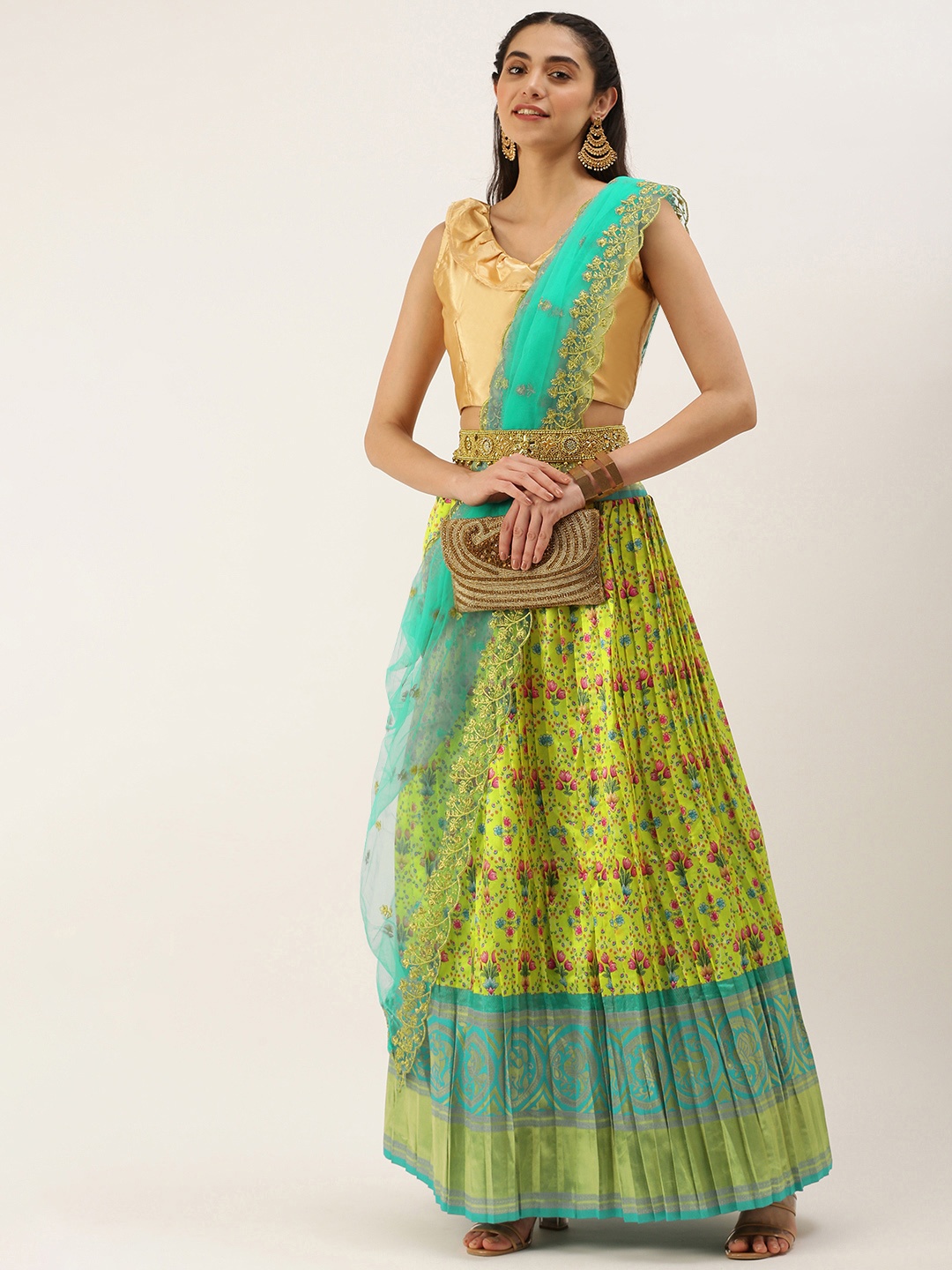 

Kanakadara Green & Blue Embroidered Unstitched Lehenga Choli With Dupatta