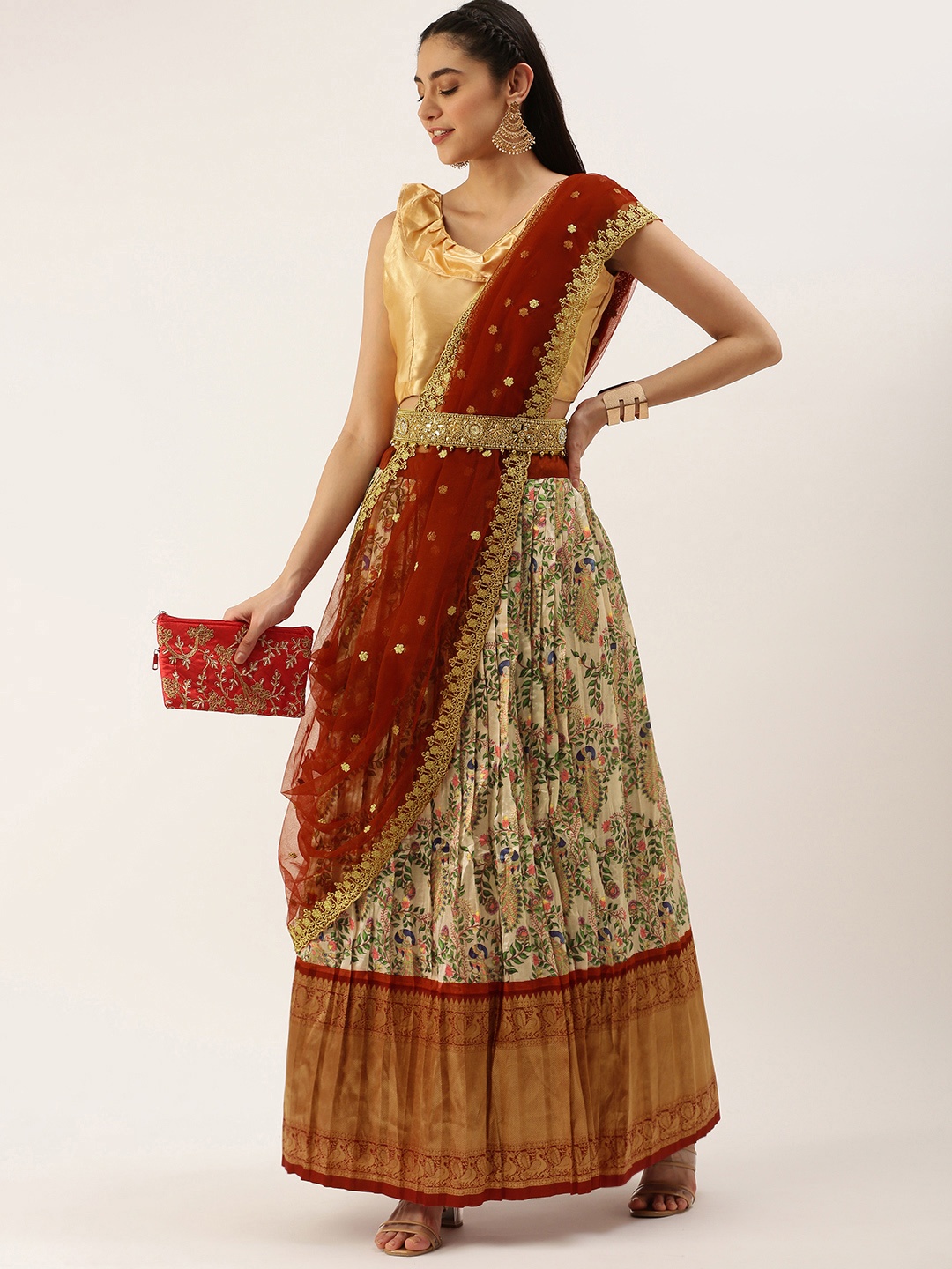

Kanakadara Beige & Maroon Embroidered Unstitched Lehenga & Blouse With Dupatta