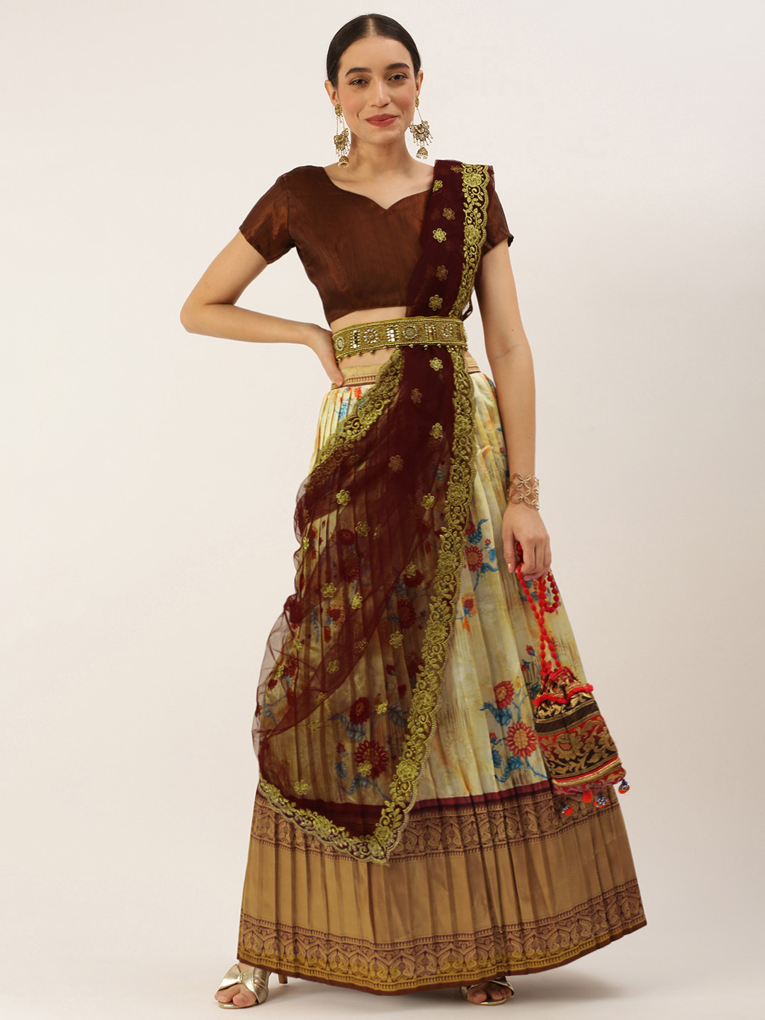 

Kanakadara Beige & Coffee Brown Embroidered Unstitched Lehenga Choli With Dupatta