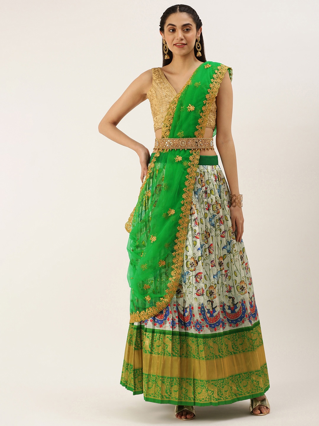 

Kanakadara White & Green Embroidered Unstitched Lehenga Choli With Dupatta