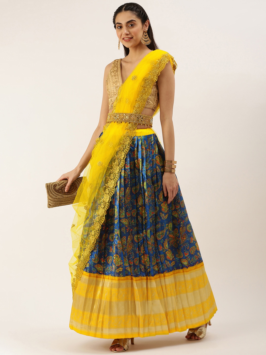 

Kanakadara Blue & Yellow Embroidered Unstitched Lehenga Choli With Dupatta