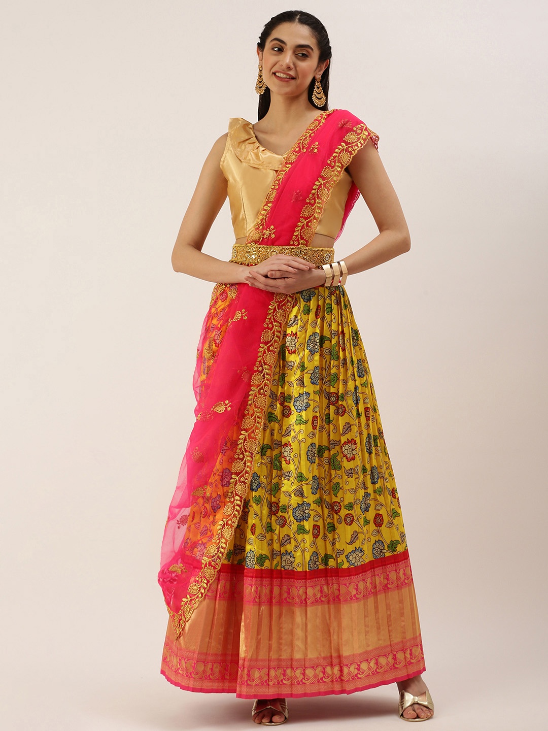 

Kanakadara Yellow & Pink Embroidered Unstitched Lehenga & Blouse With Dupatta