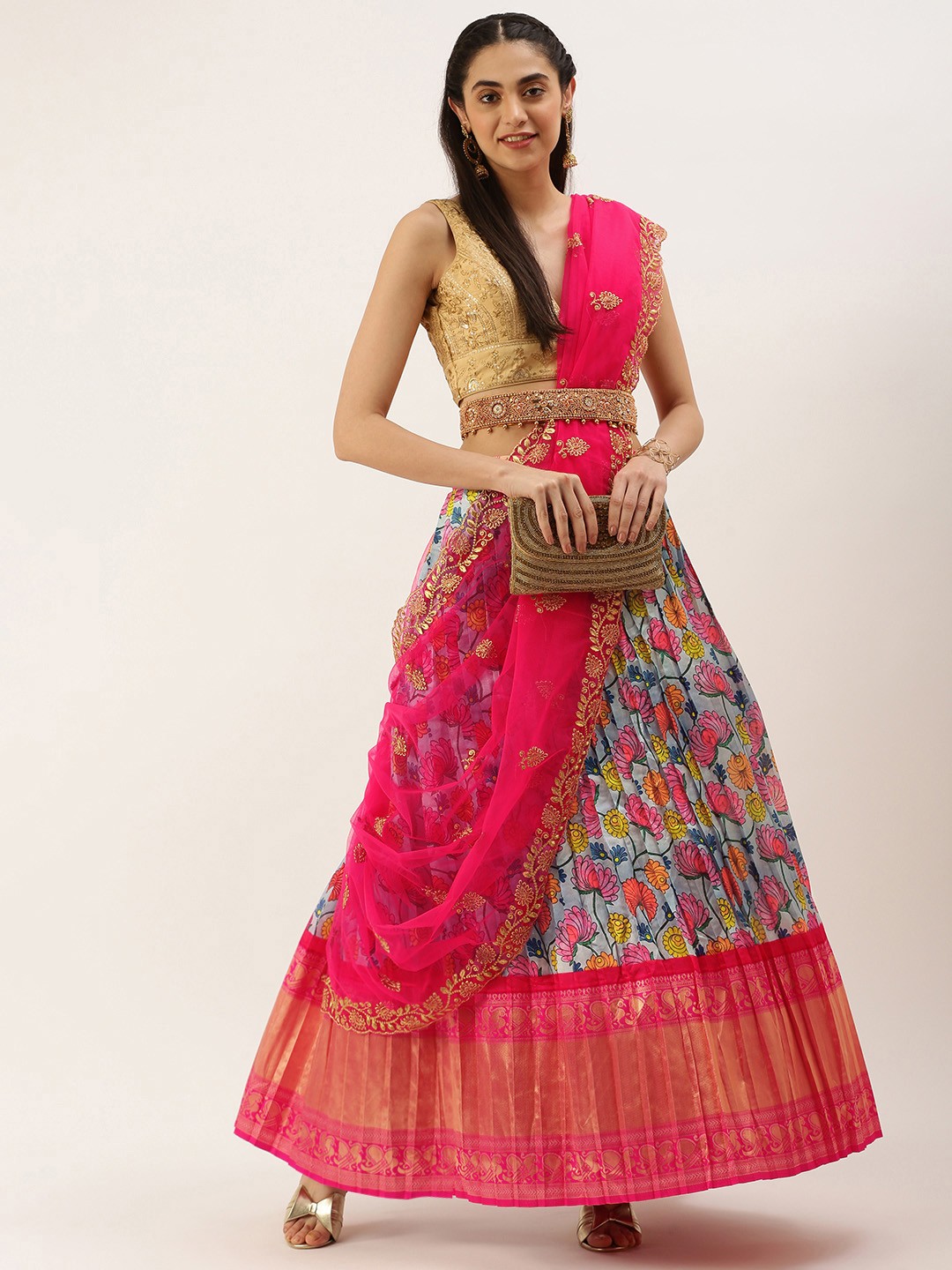 

Kanakadara Pink & Blue Embroidered Unstitched Lehenga Choli With Dupatta