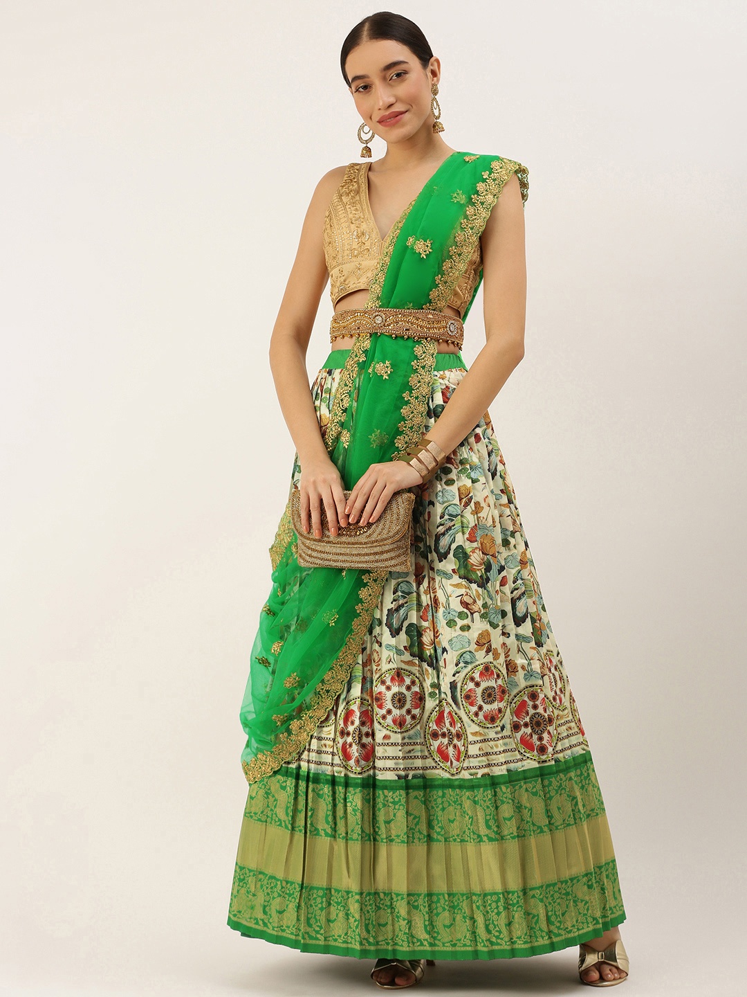 

Kanakadara Off White & Green Embroidered Unstitched Lehenga Choli With Dupatta