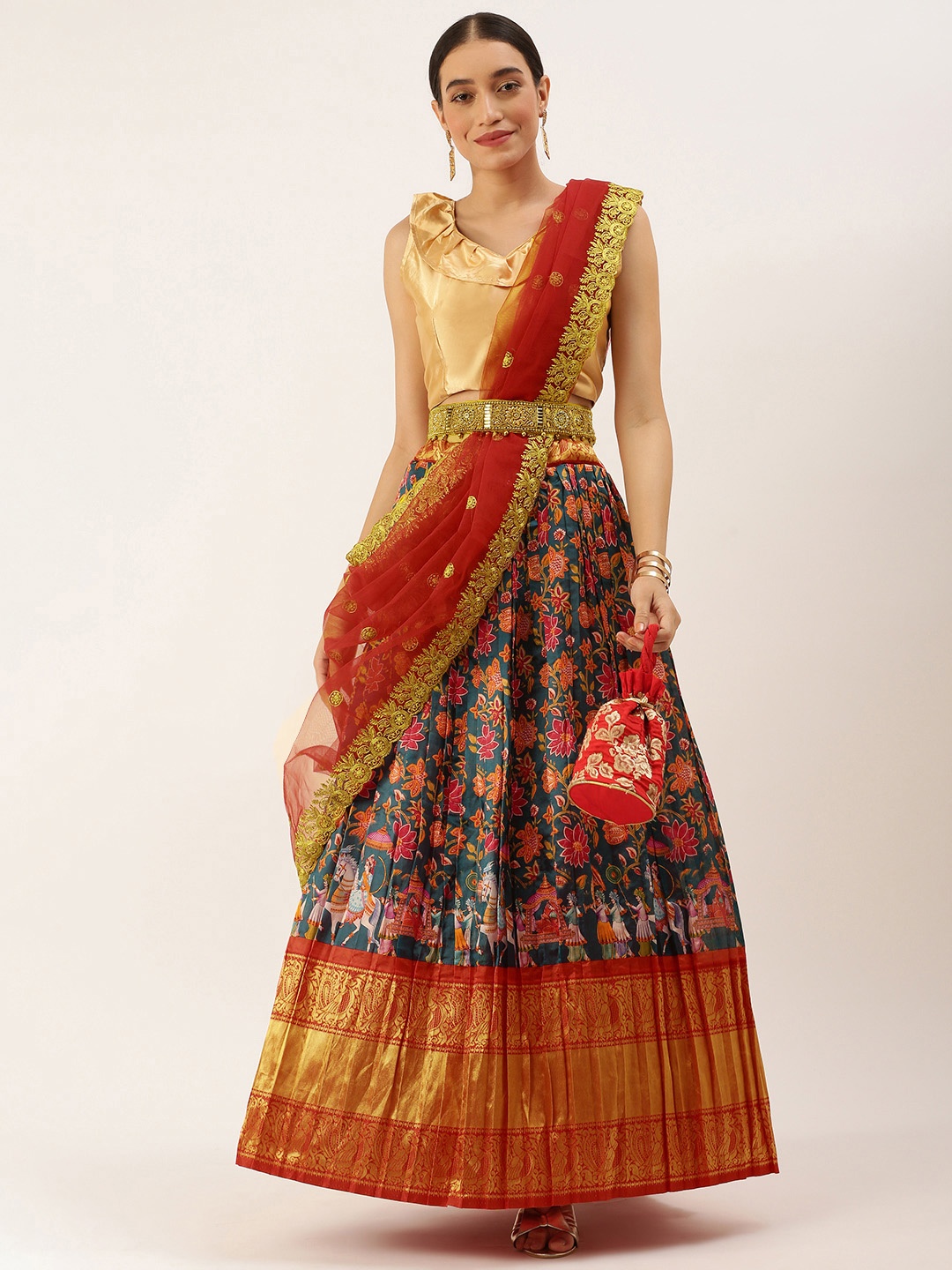 

Kanakadara Navy Blue & Red Embroidered Unstitched Lehenga Choli With Dupatta