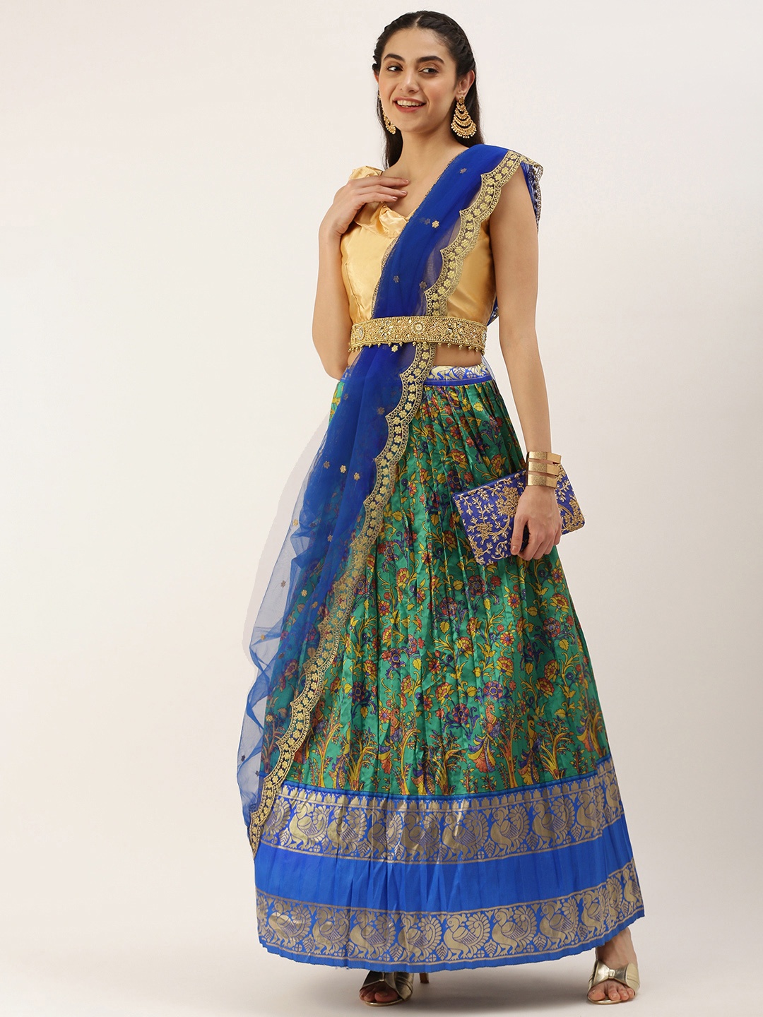 

Kanakadara Blue & Green Embroidered Unstitched Lehenga Choli With Dupatta