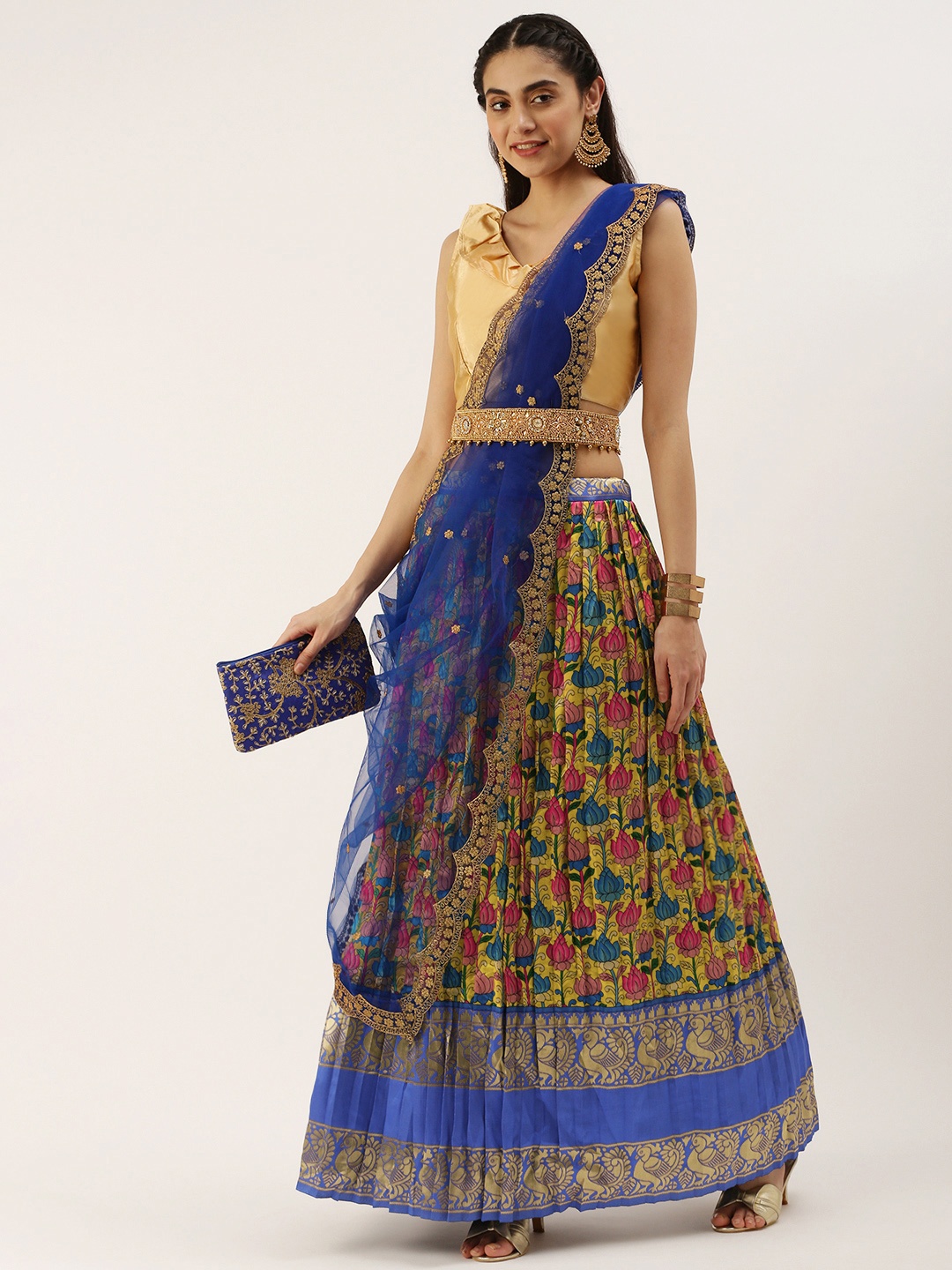 

Kanakadara Green & Blue Embroidered Unstitched Lehenga & Blouse With Dupatta
