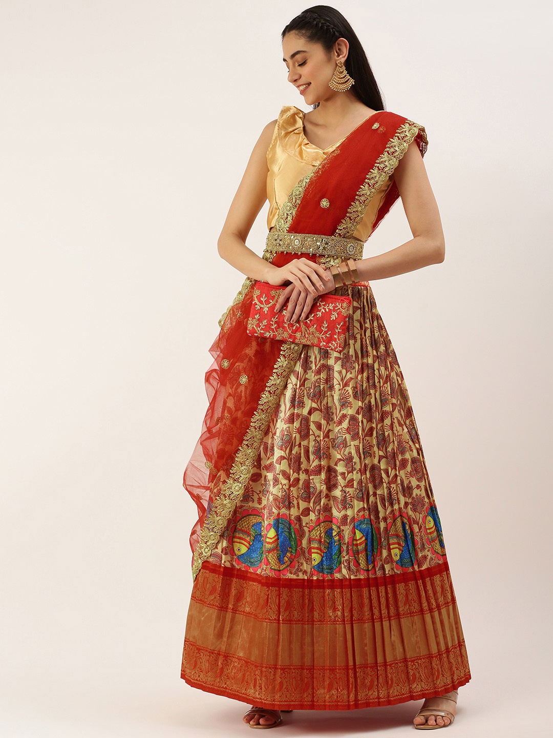 

Kanakadara Beige & Red Embroidered Unstitched Lehenga Choli With Dupatta