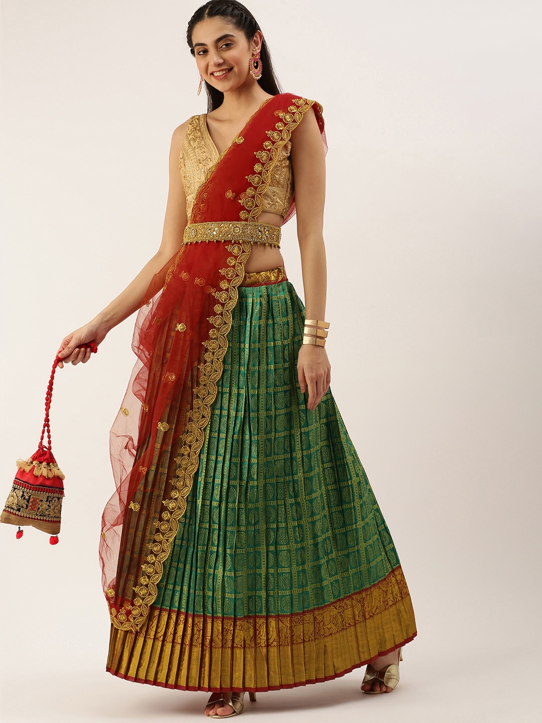 

Kanakadara Green & Red Embroidered Unstitched Lehenga Choli With Dupatta