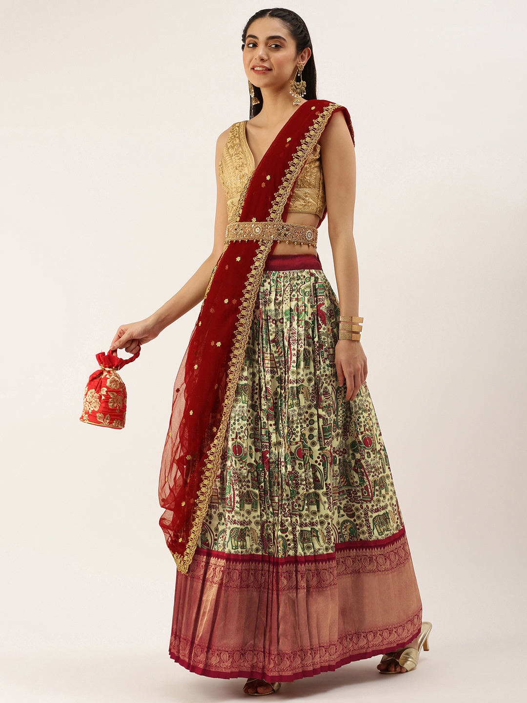 

Kanakadara Beige & Maroon Embroidered Unstitched Lehenga & Blouse With Dupatta