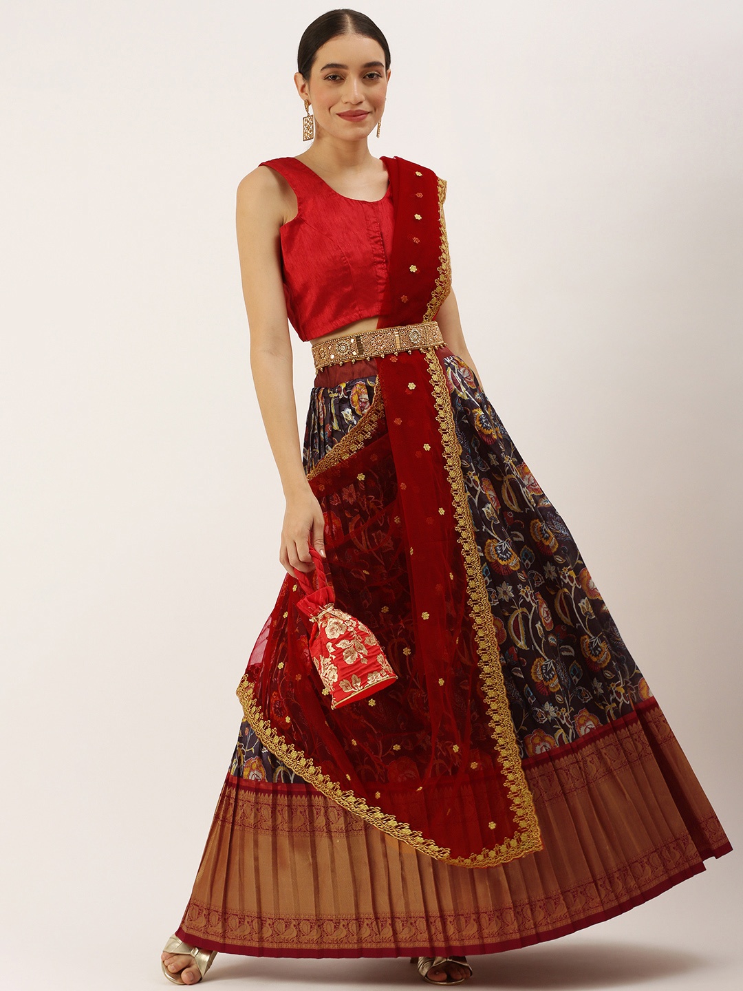 

Kanakadara Coffee Brown & Maroon EmbroideredUnstitched Lehenga & Blouse With Dupatta