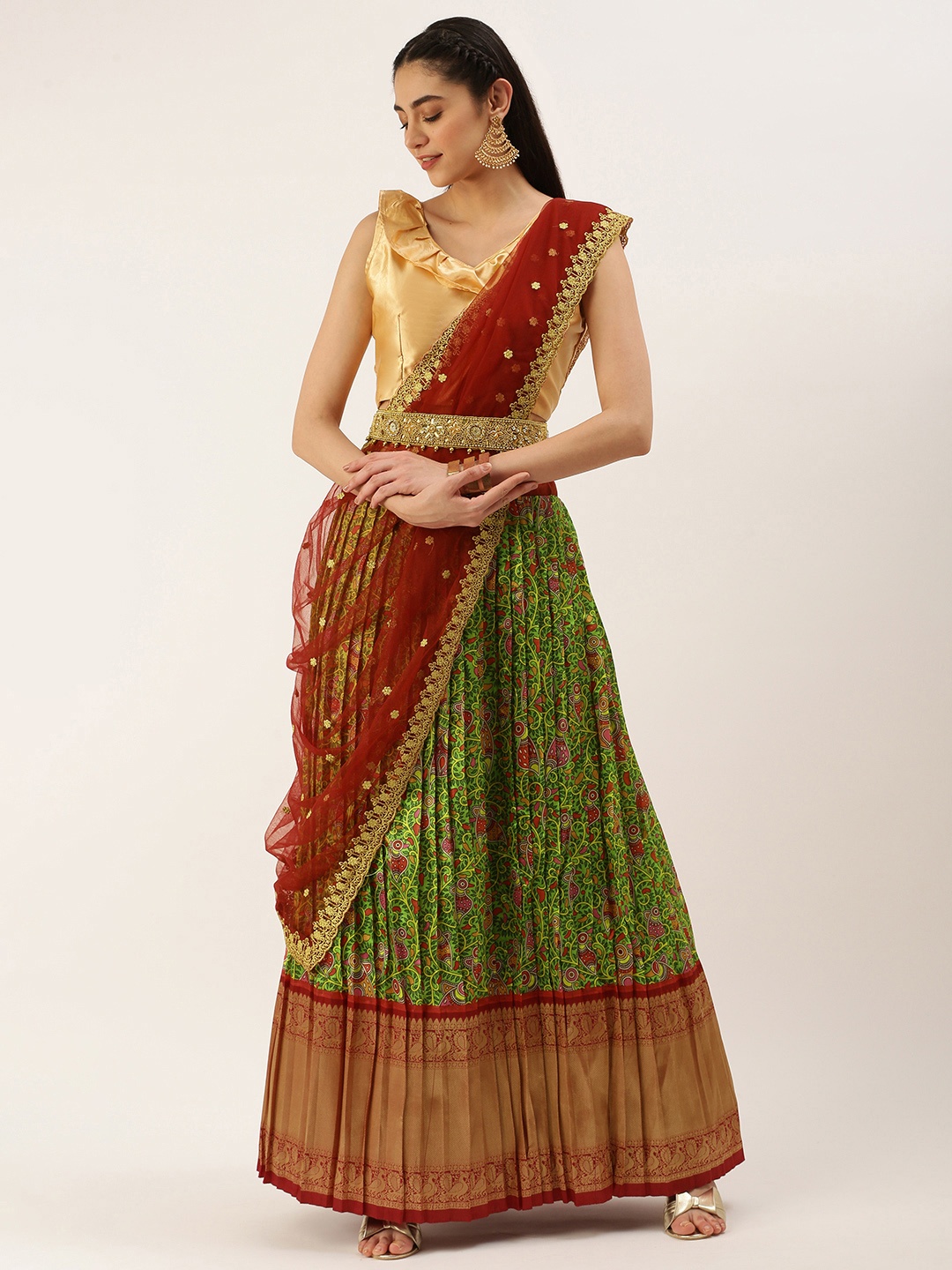 

Kanakadara Green & Maroon Embroidered Unstitched Lehenga Choli With Dupatta