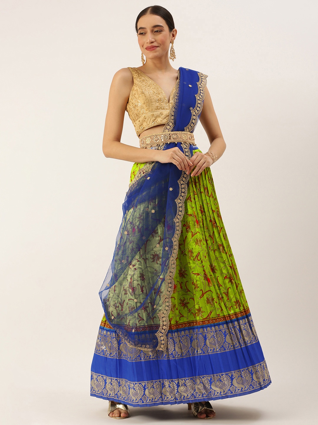 

Kanakadara Green & Blue Embroidered Unstitched Lehenga Choli With Dupatta