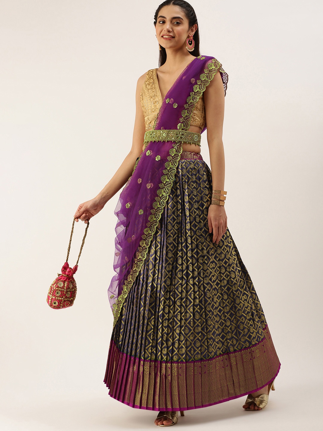 

Kanakadara Green & Purple Embroidered Unstitched Lehenga Choli With Dupatta