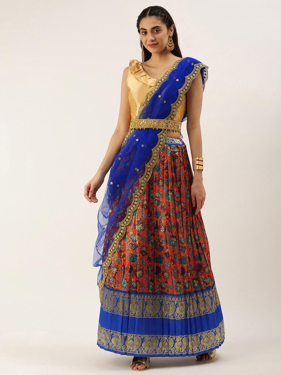 

Kanakadara Orange & Blue Embroidered Unstitched Lehenga & Blouse With Dupatta