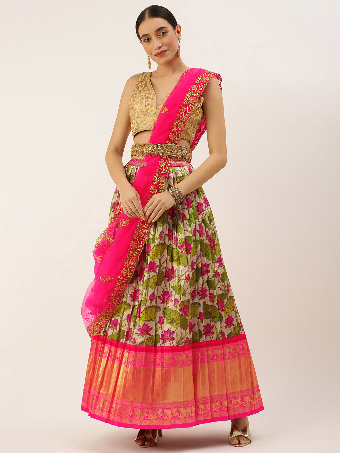 

Kanakadara Pink & Beige Embroidered Unstitched Lehenga Choli With Dupatta