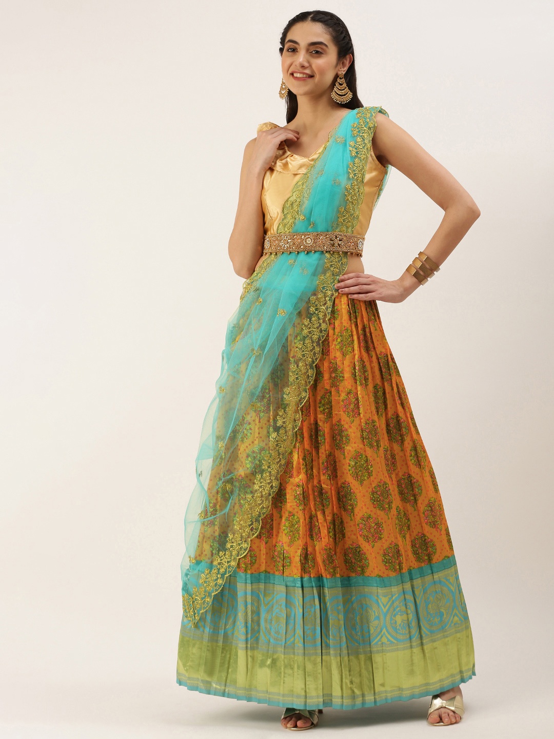 

Kanakadara Mustard Yellow & Blue Embroidered Unstitched Lehenga Choli With Dupatta