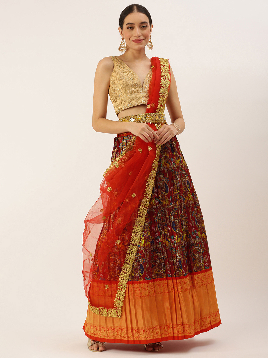 

Kanakadara Maroon Embroidered Unstitched Lehenga Choli With Dupatta