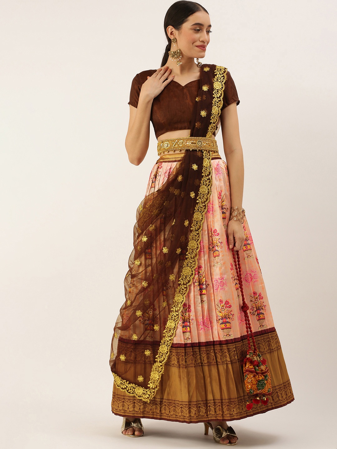 

Kanakadara Pink & Coffee Brown Embroidered Unstitched Lehenga Choli With Dupatta