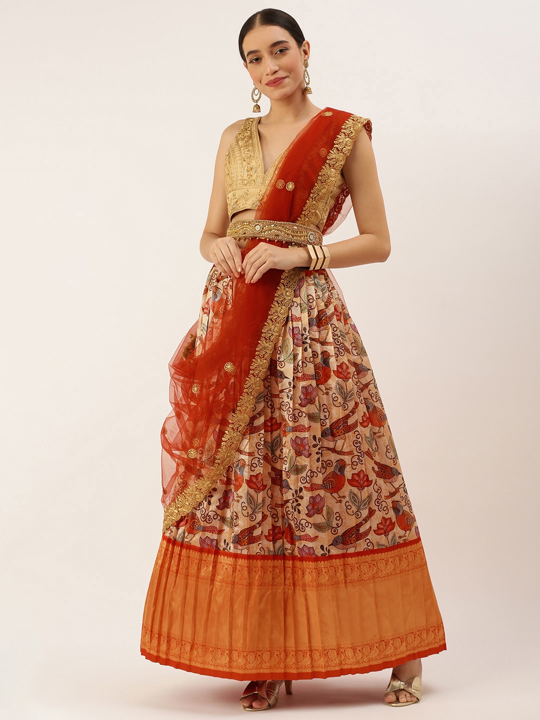 

Kanakadara Red & Beige Embroidered Unstitched Lehenga Choli With Dupatta