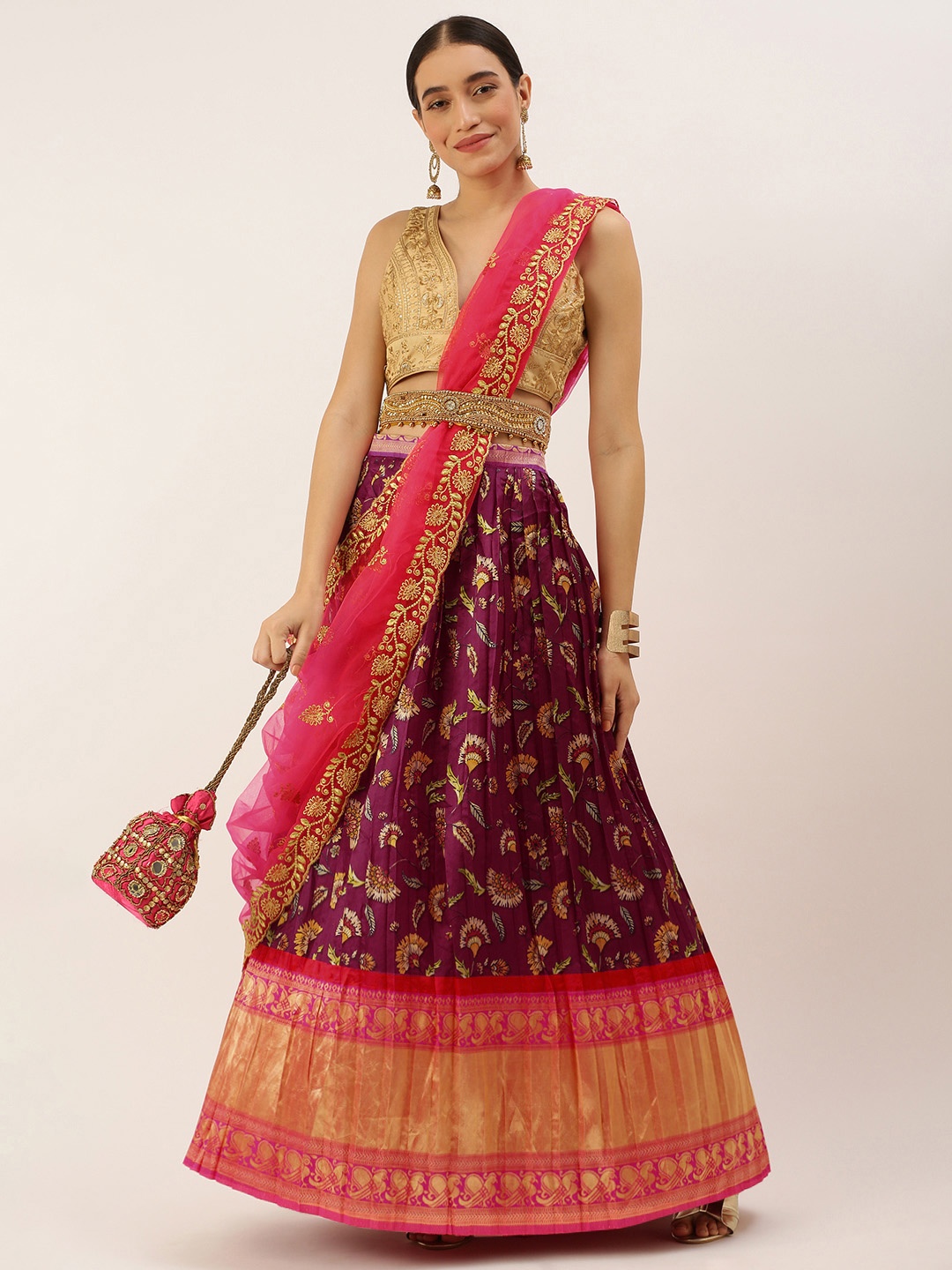 

Kanakadara Purple & Pink Embroidered Unstitched Lehenga Choli With Dupatta