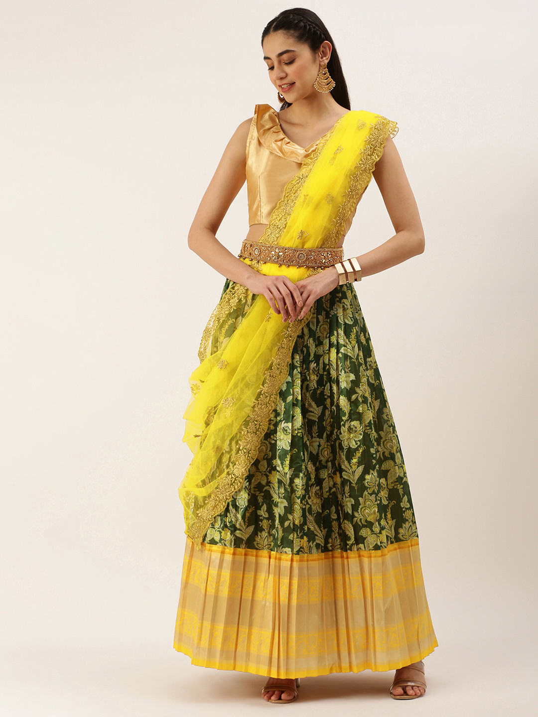 

Kanakadara Green & Yellow Embroidered Unstitched Lehenga & Blouse With Dupatta