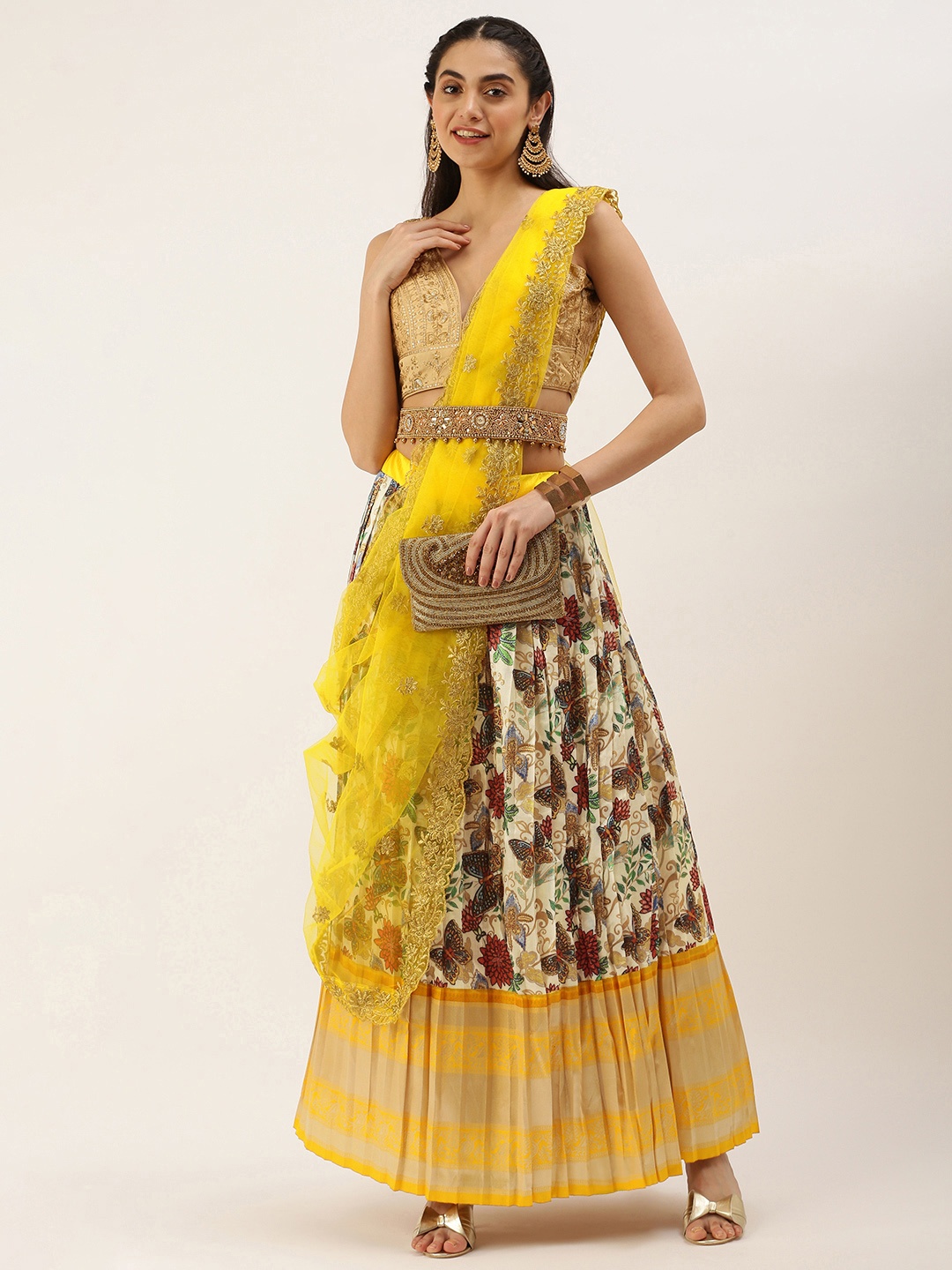 

Kanakadara Beige & Yellow Embroidered Unstitched Lehenga & Blouse With Dupatta
