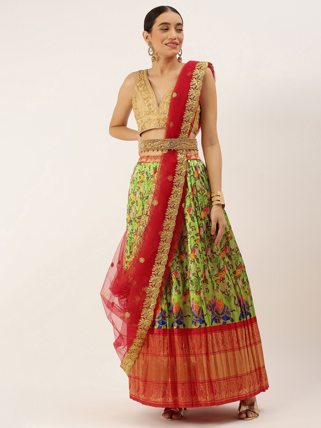 

Kanakadara Green & Red Embroidered Unstitched Lehenga Choli With Dupatta