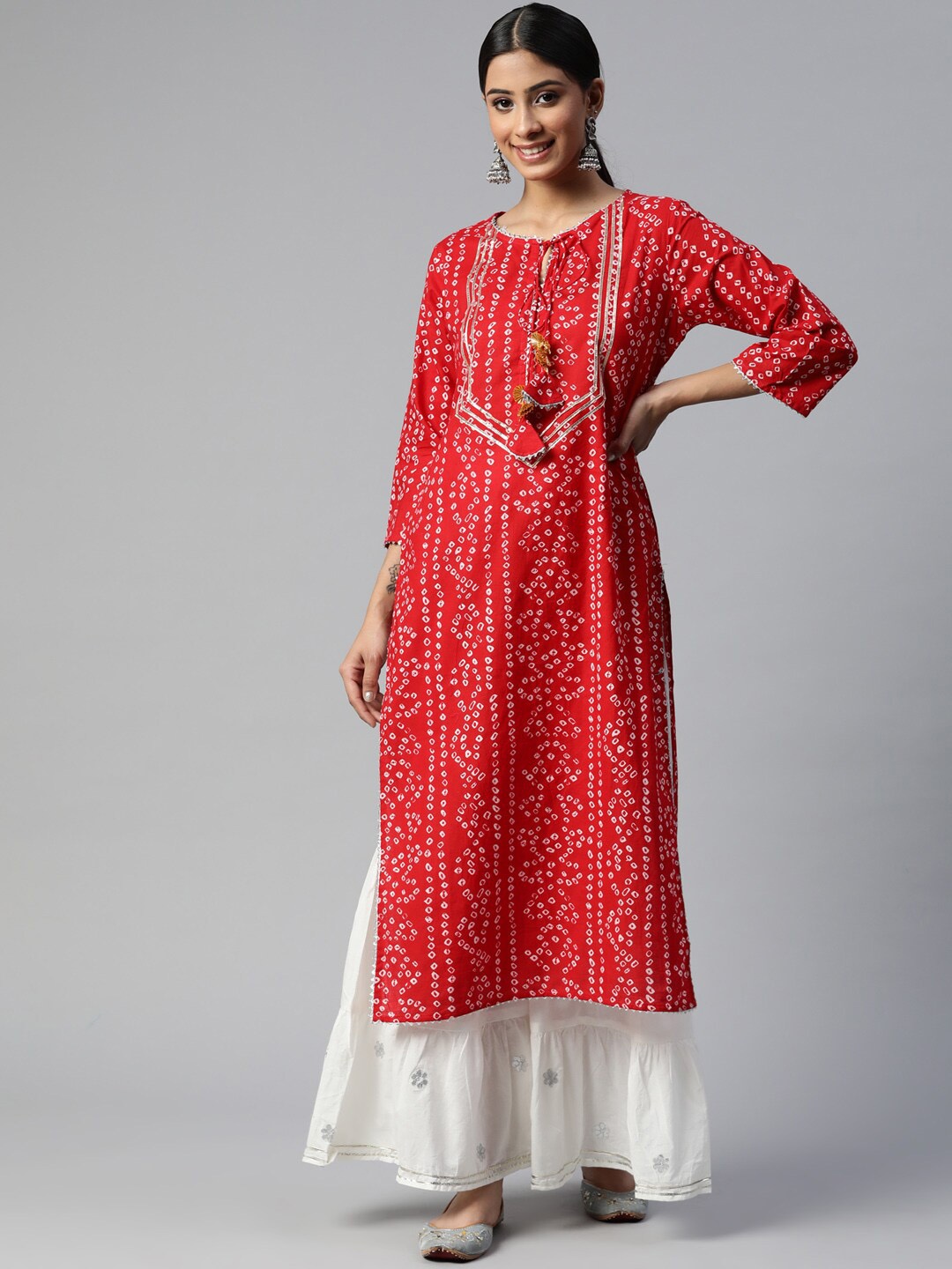 

IRIDAA JAIPUR Women Red Printed Gotta Patti Pure Cotton Kurta with Sharara